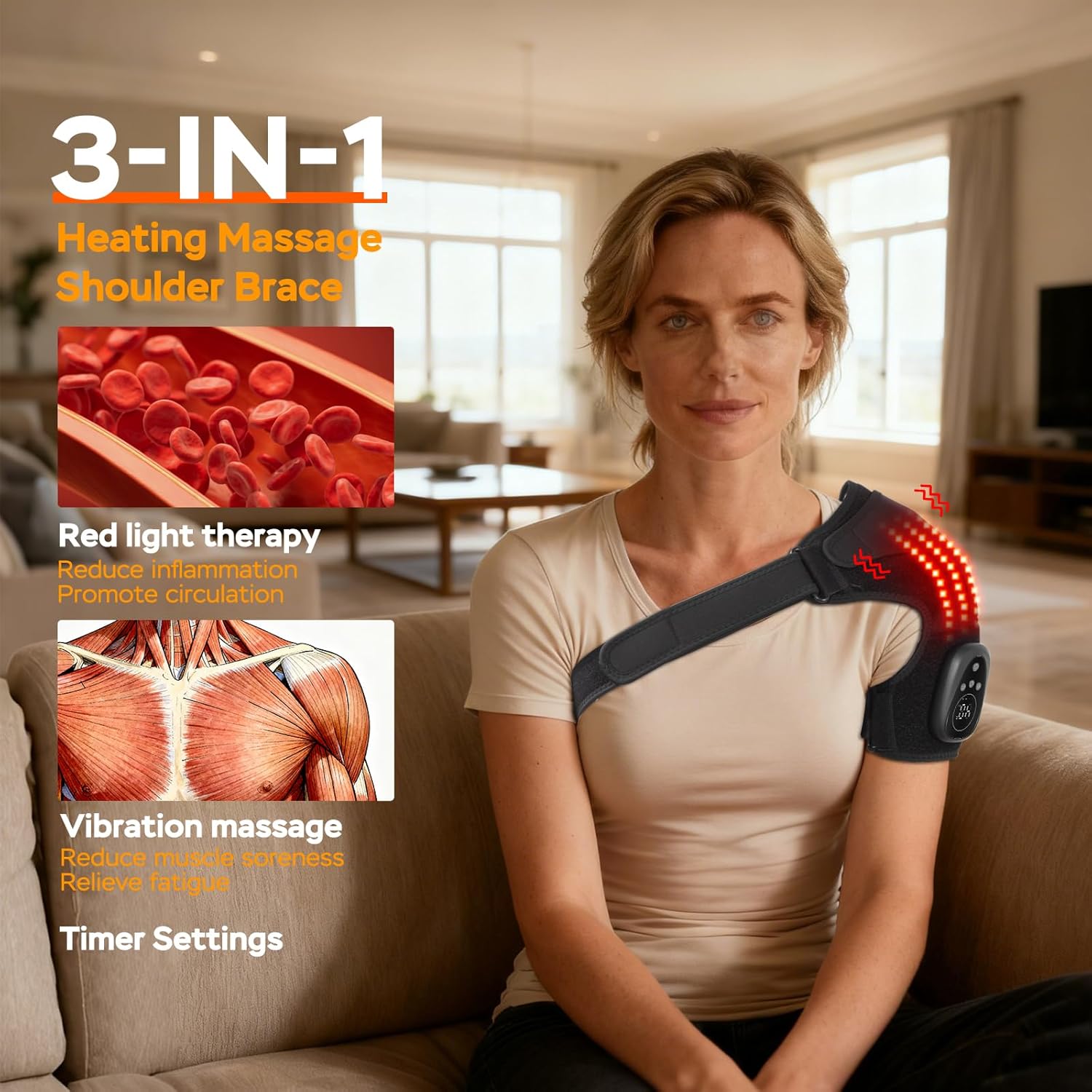 Red Light Heated Shoulder Wrap with Massage, Cordless Shoulder Heating Pad for Rotator Cuff Pain Relief, Rechargeable Shoulders Brace for Men Women, Left