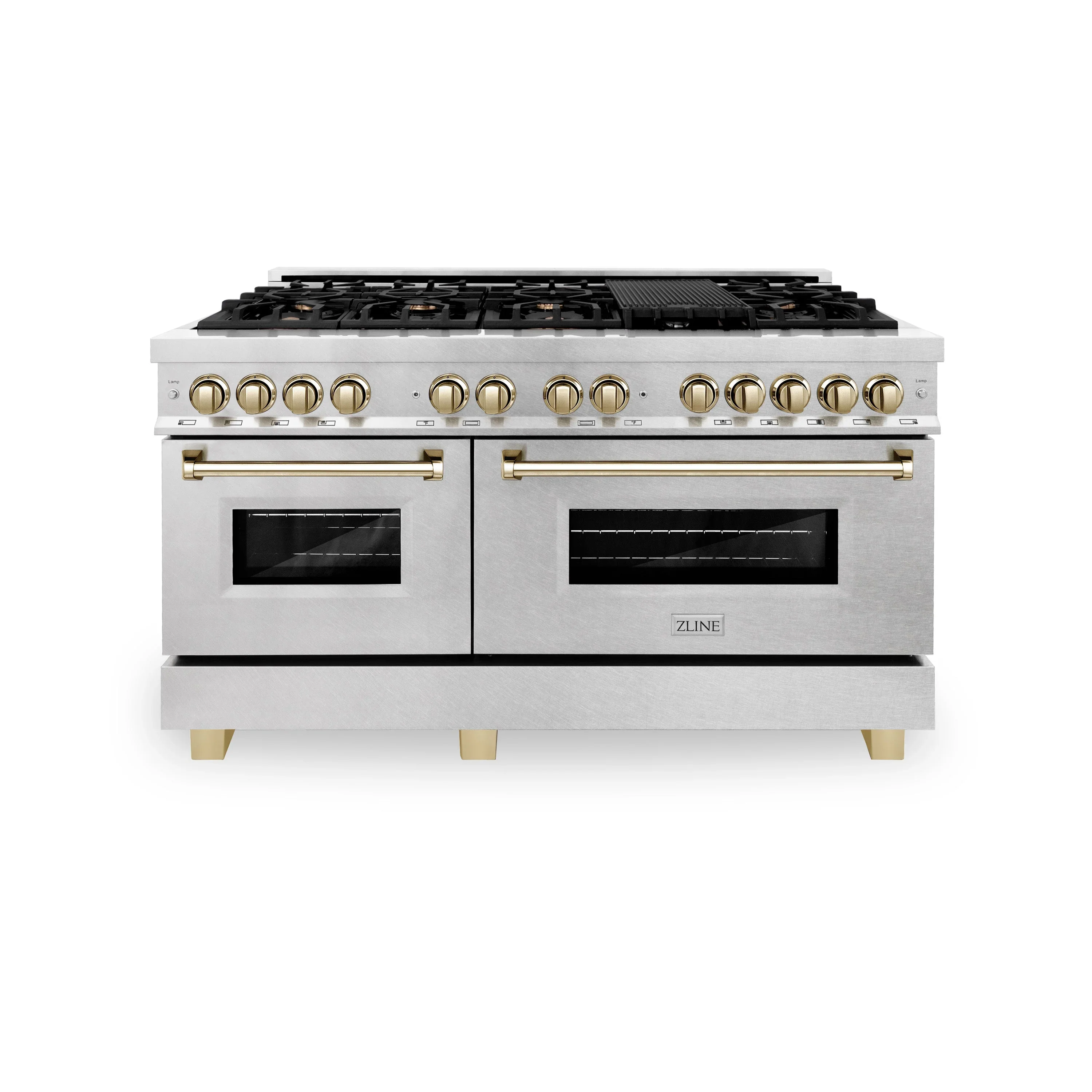 ZLINE Legacy Series Autograph Edition 60-inch Dual Fuel Range with Gas Stove and 7.4 Cu. Ft. Electric Oven in Fingerprint Resistant Satin Stainless Steel with Gold Accents (RASZ-SN-60-G)