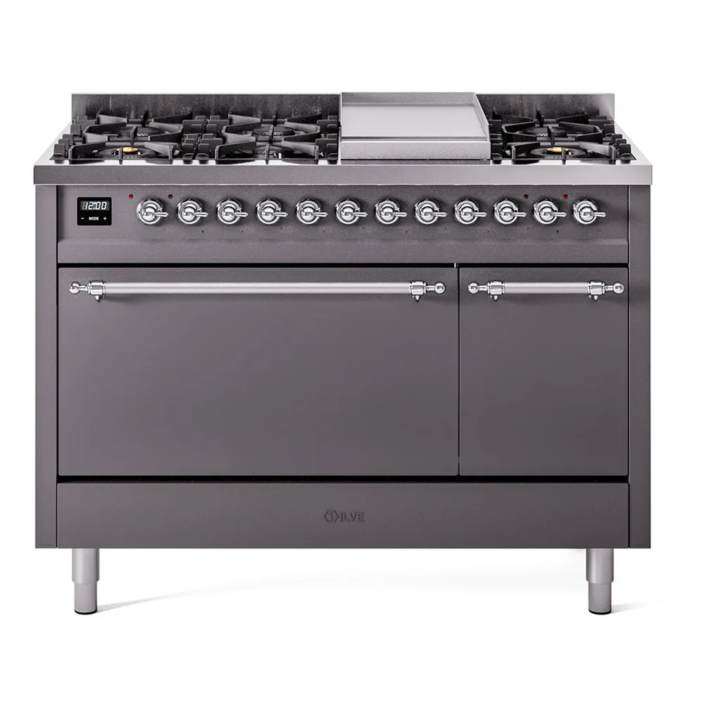 ILVE 48-Inch Nostalgie II Dual Fuel Range with 8 Burners, Griddle, and Solid Door Oven in Matte Graphite with Chrome Trim (UP48FQNMPMGC)
