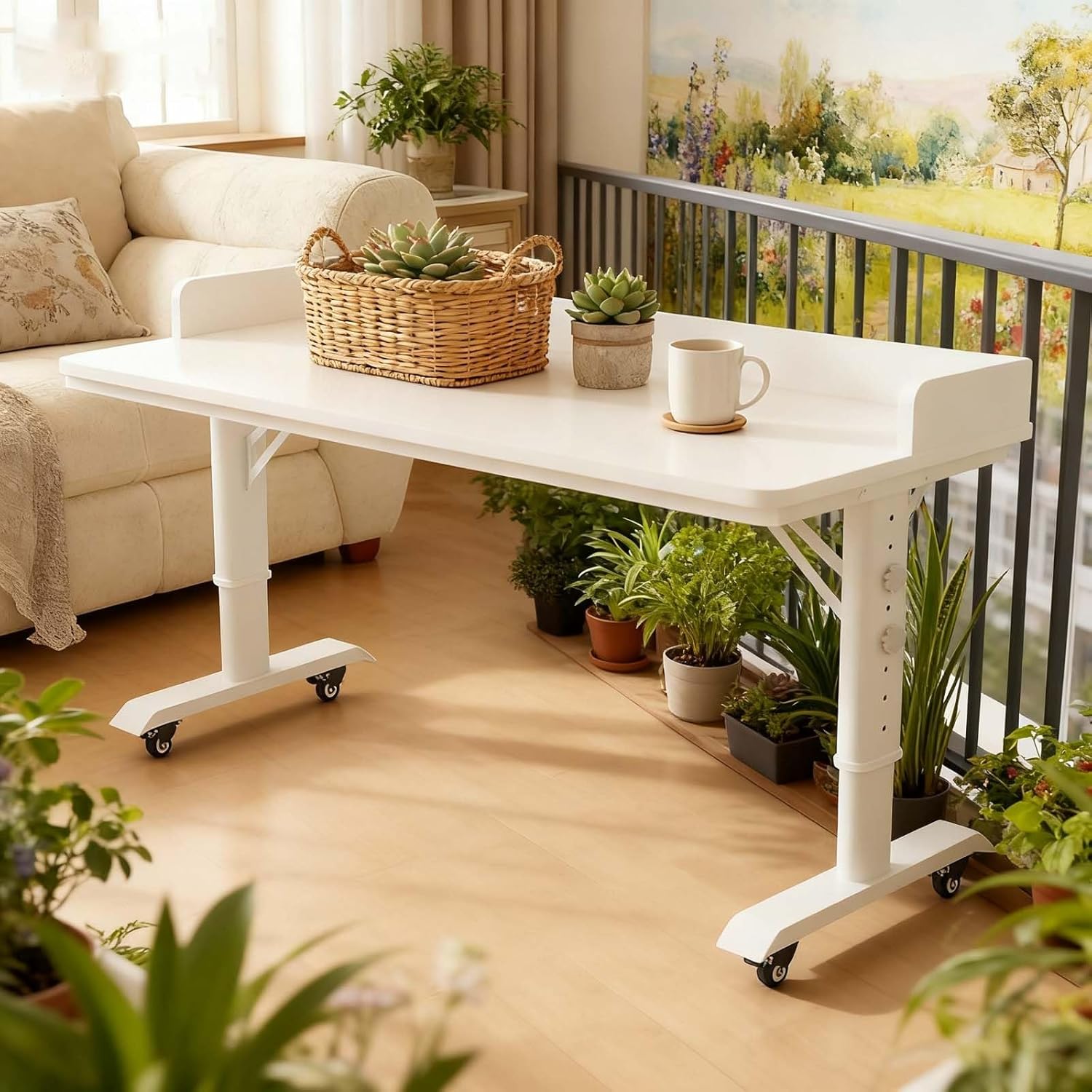 Adjustable Height Over Bed Desk with Wheels - Rolling Laptop Cart for Bedroom Work, Study, Fits King & Queen Size Beds(210x40CM)