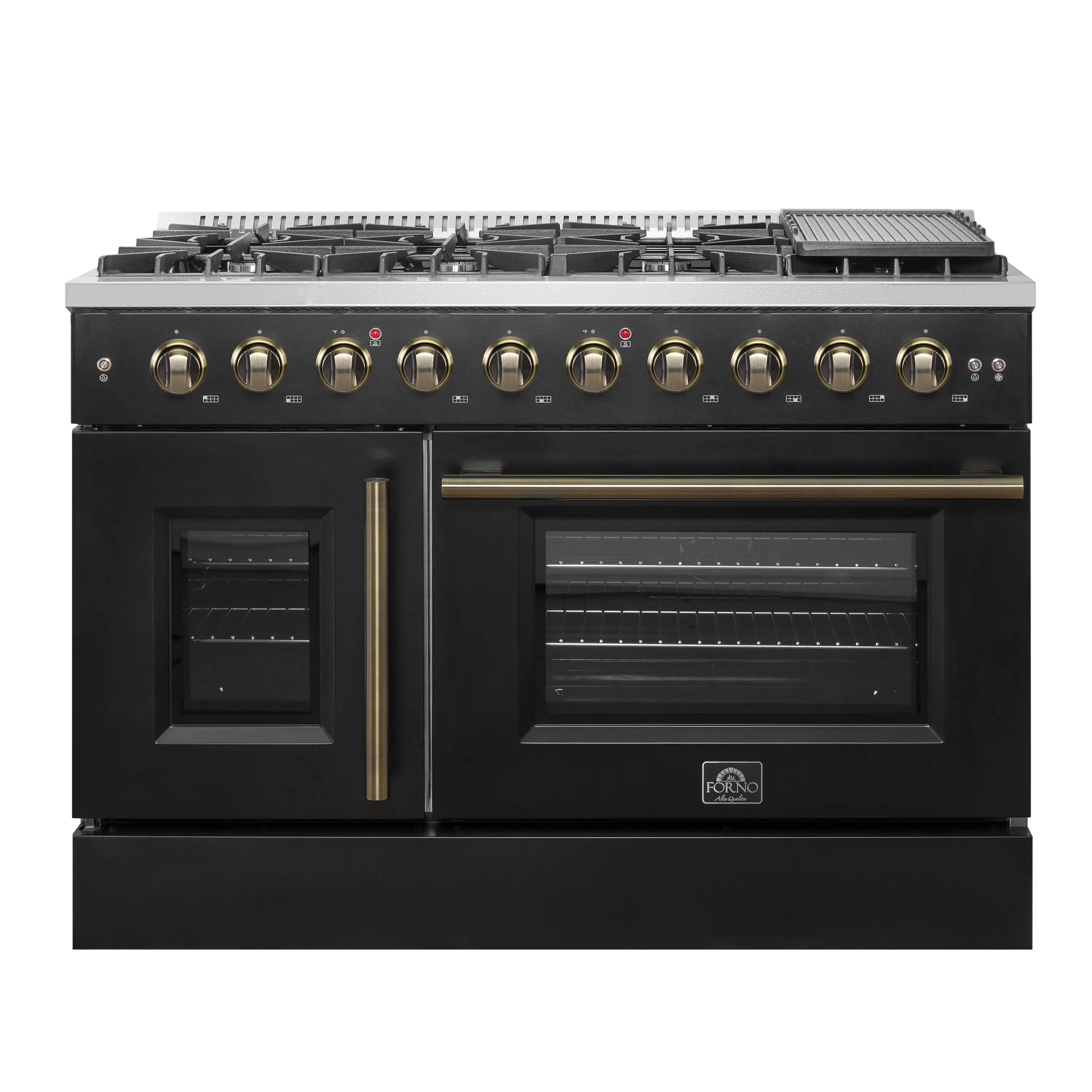 Forno Galiano 48-Inch French Door Gas Range with 8 Burners and 6.58 Cu. Ft. Convection Oven in Black with Antique Brass Trim (FFSGS6444-48BLK)