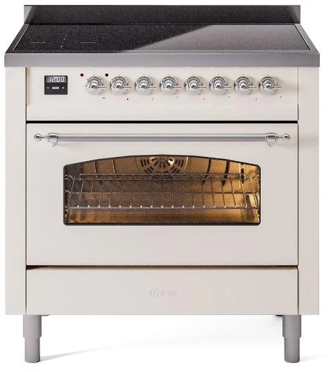 ILVE Nostalgie II 36-Inch Freestanding Electric Induction Range in Antique White with Chrome Trim (UPI366NMPAWC)