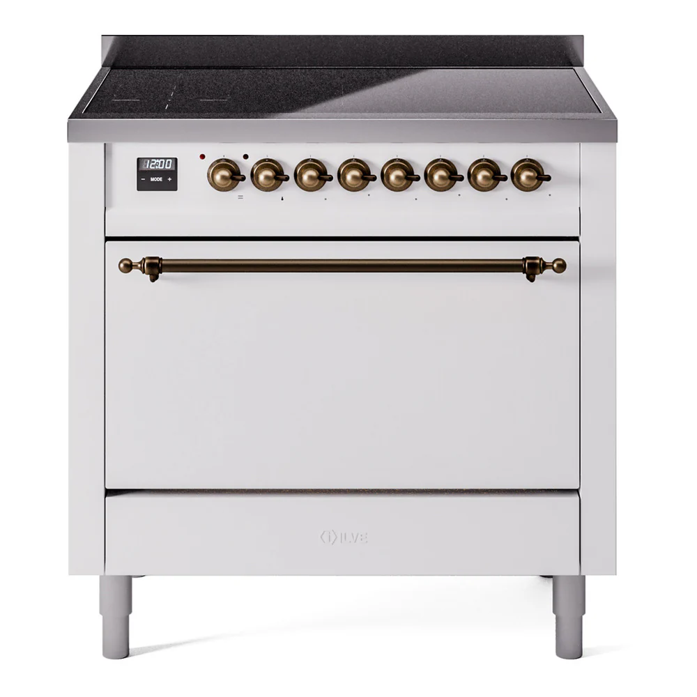 ILVE 36-Inch Nostalgie II Induction Range with Solid Door Oven in White with Bronze Trim (UPI366QNMPWHB)