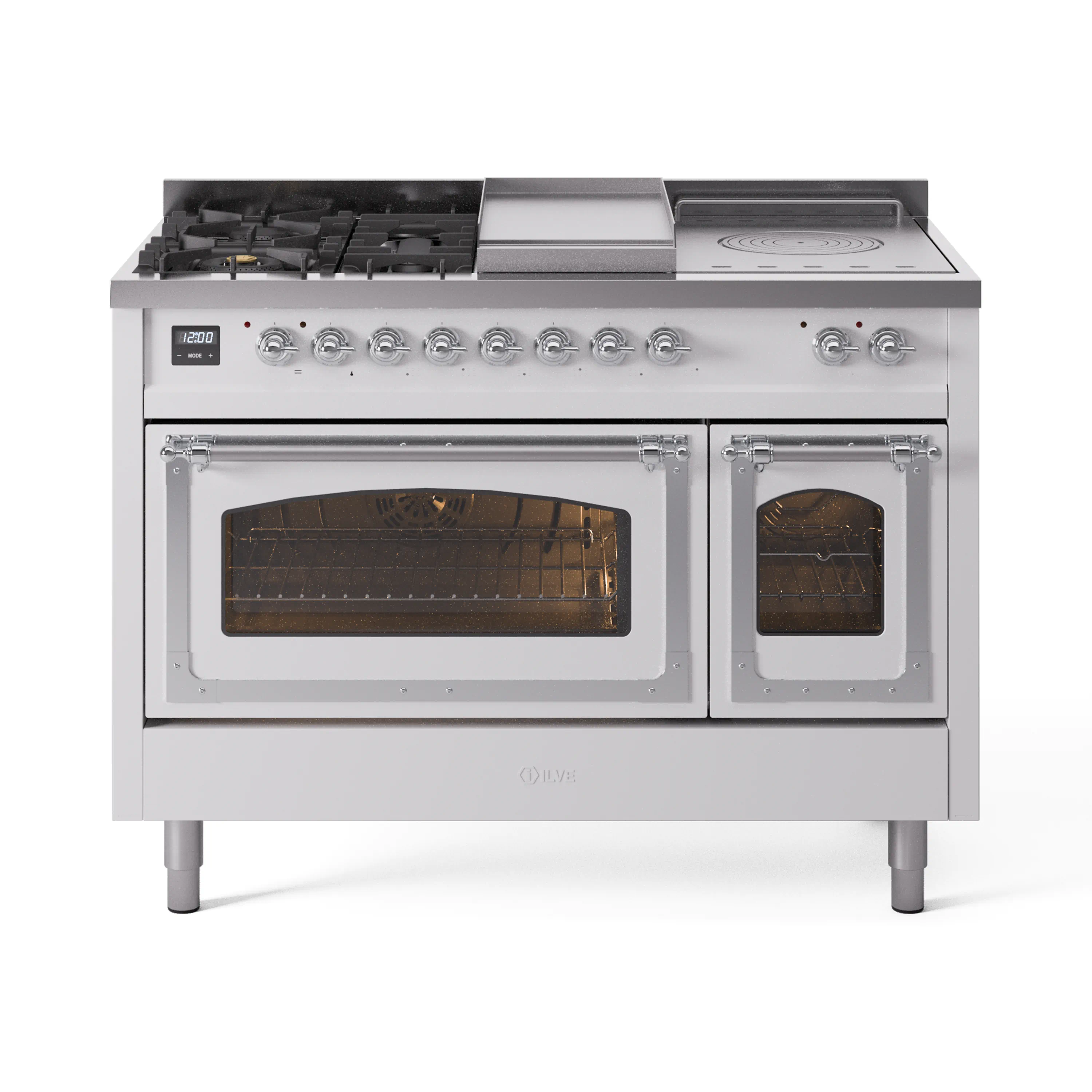 ILVE 48-Inch Nostalgie II Noblesse Dual Fuel Range with 5 Sealed Burners, Griddle, French Top and Triple Glass Door Oven in White with Chrome Trim (UN48FSNMPWHC)