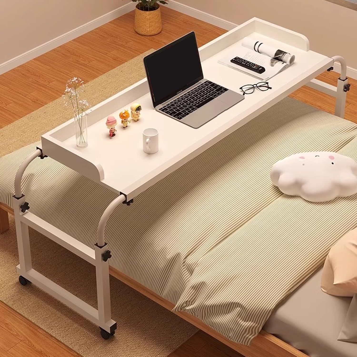 Adjustable Bedside Table with Wheels, Overbed Table Laptop, Food Tray Desk Rolling Medical Table, Height and Width Adjustable