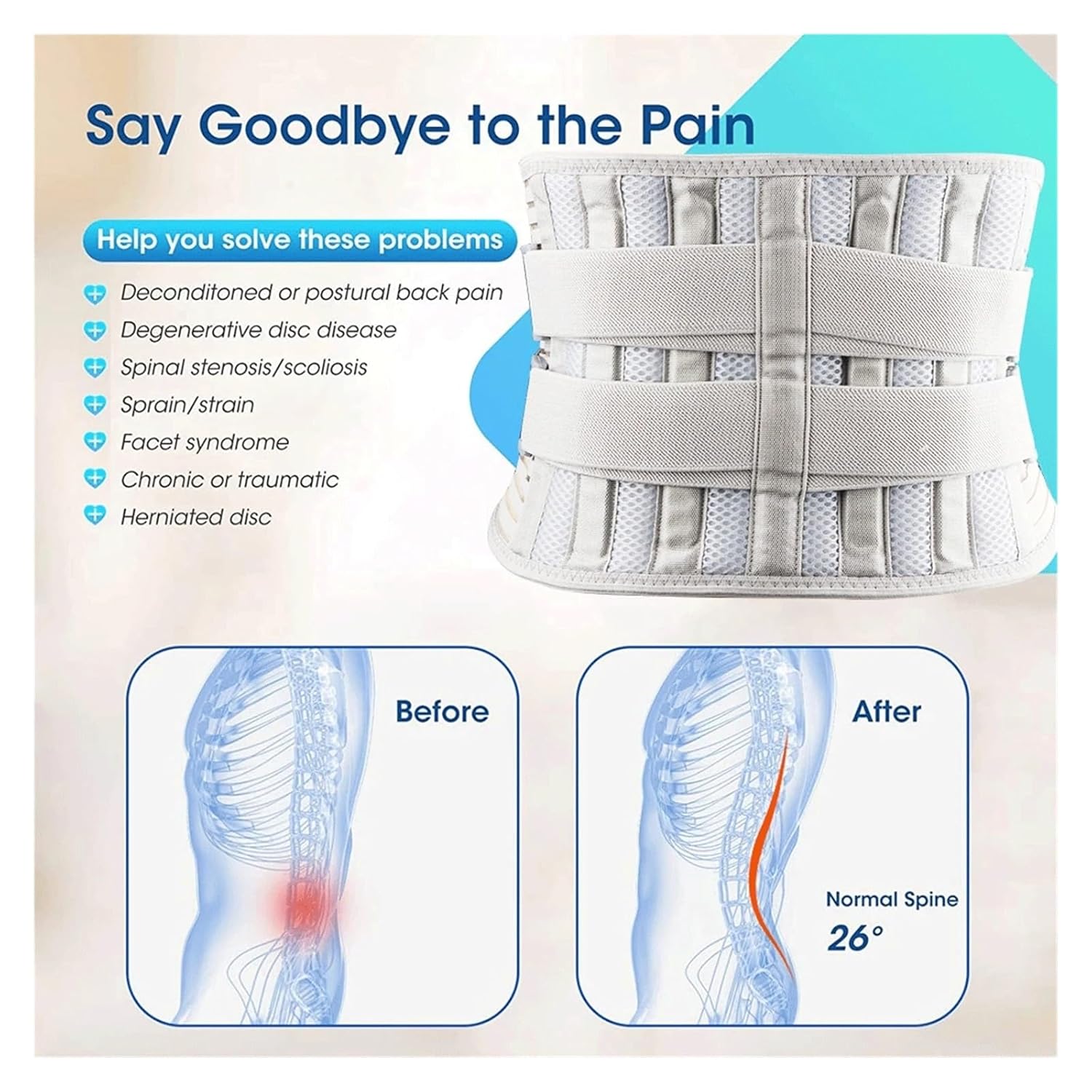 Back Brace for Men Women Lower Back with 6 Stays, Adjustable Back Support Belt for Work, Anti-skid Lumbar Support(Medium)