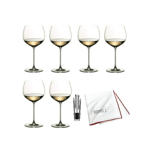 Riedel Veritas Chardonnay Glasses (6-Pack) with Cloth and Wine Pourer