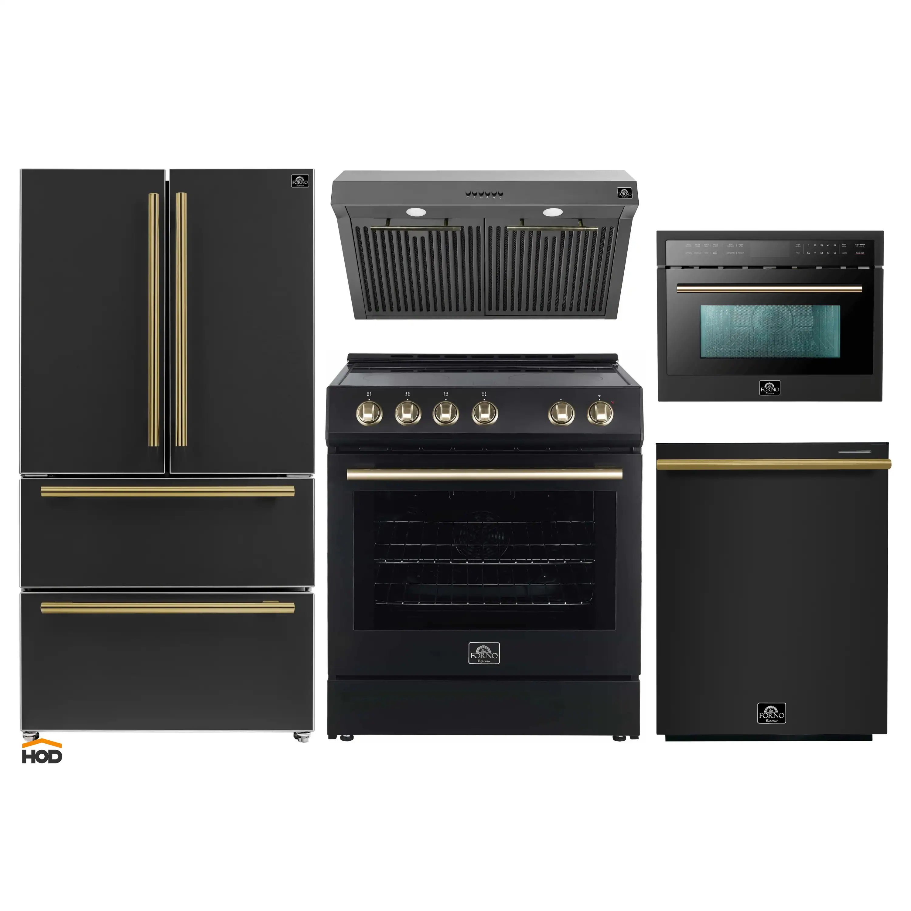 Forno 5-Piece Appliance Package - 30-Inch Electric Range, Under Cabinet Range Hood, Refrigerator, Dishwasher, and 24-Inch Microwave Oven in Black with Antique Brass Trim