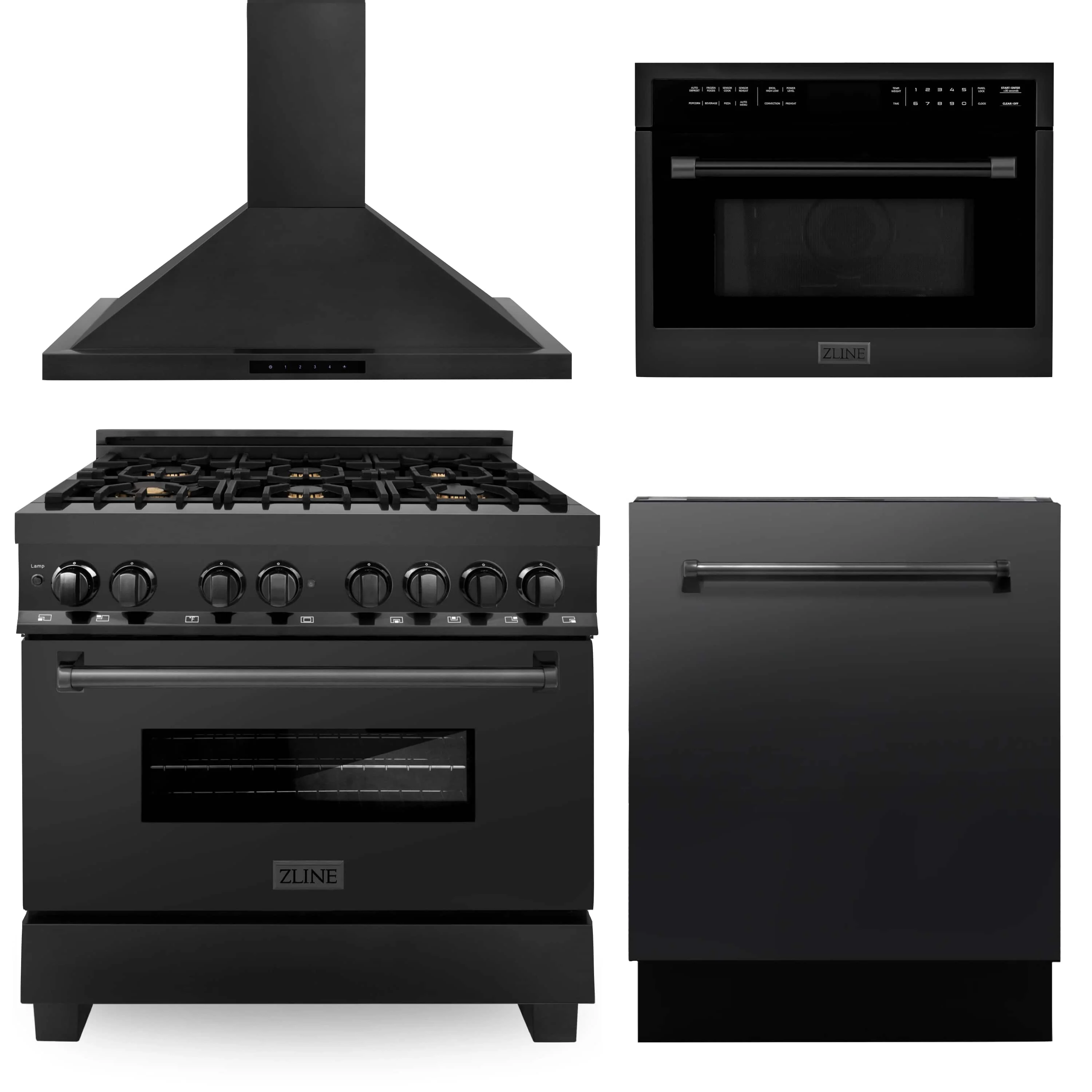 ZLINE 4-Piece Appliance Package - 36-Inch Dual Fuel Range with Brass Burners, Convertible Wall Mount Hood, Microwave Oven, and 3-Rack Dishwasher in Black Stainless Steel (4KP-RABRH36-MODWV)