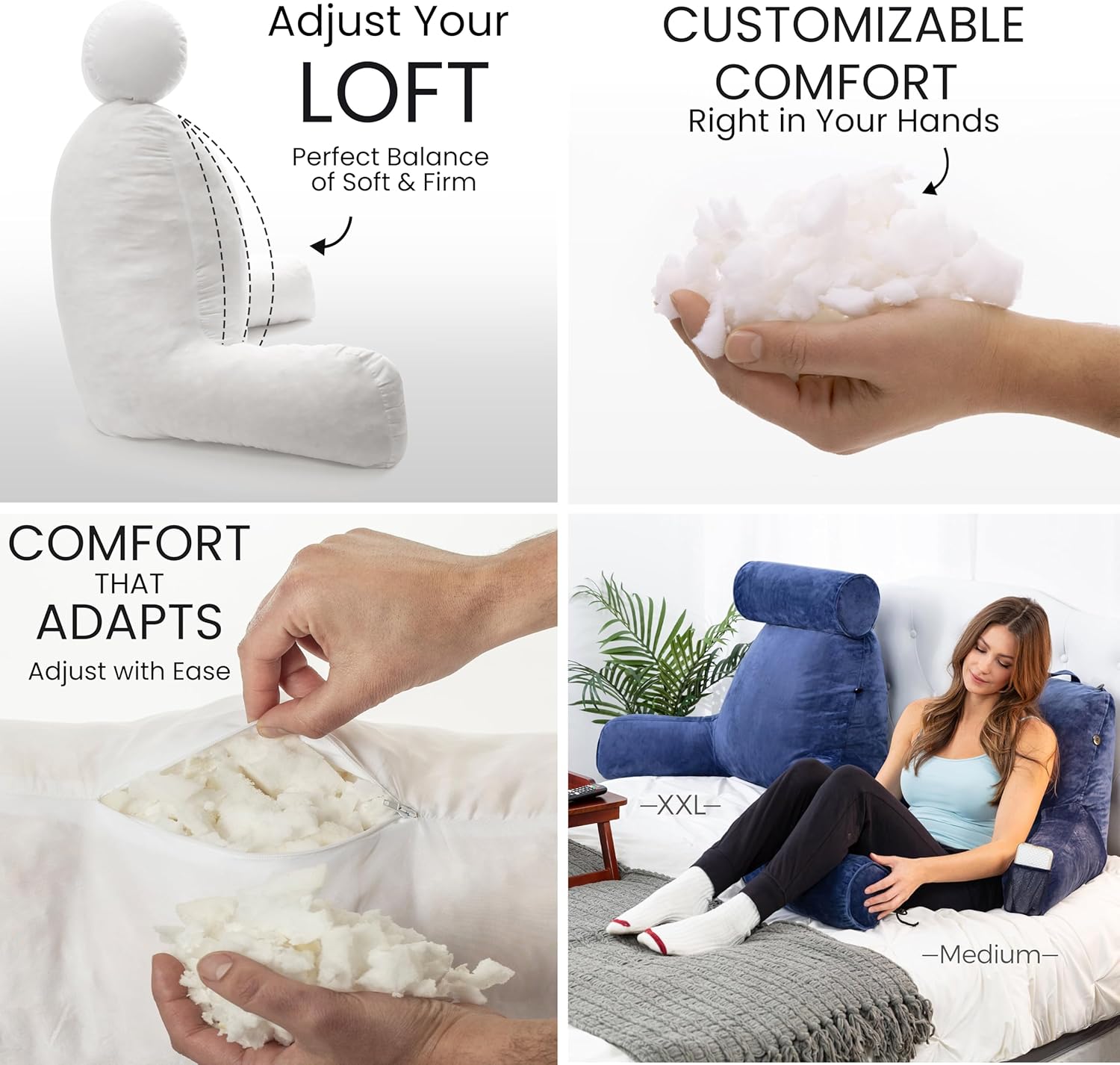 Husband Pillow XXL - Reading Pillow Bed Chair with Arms & Back Support - Dark Blue - Back Pillow for Beds Sitting Up - Bed Rest Arm Pillow - Comfy Reading Pillow for Adults