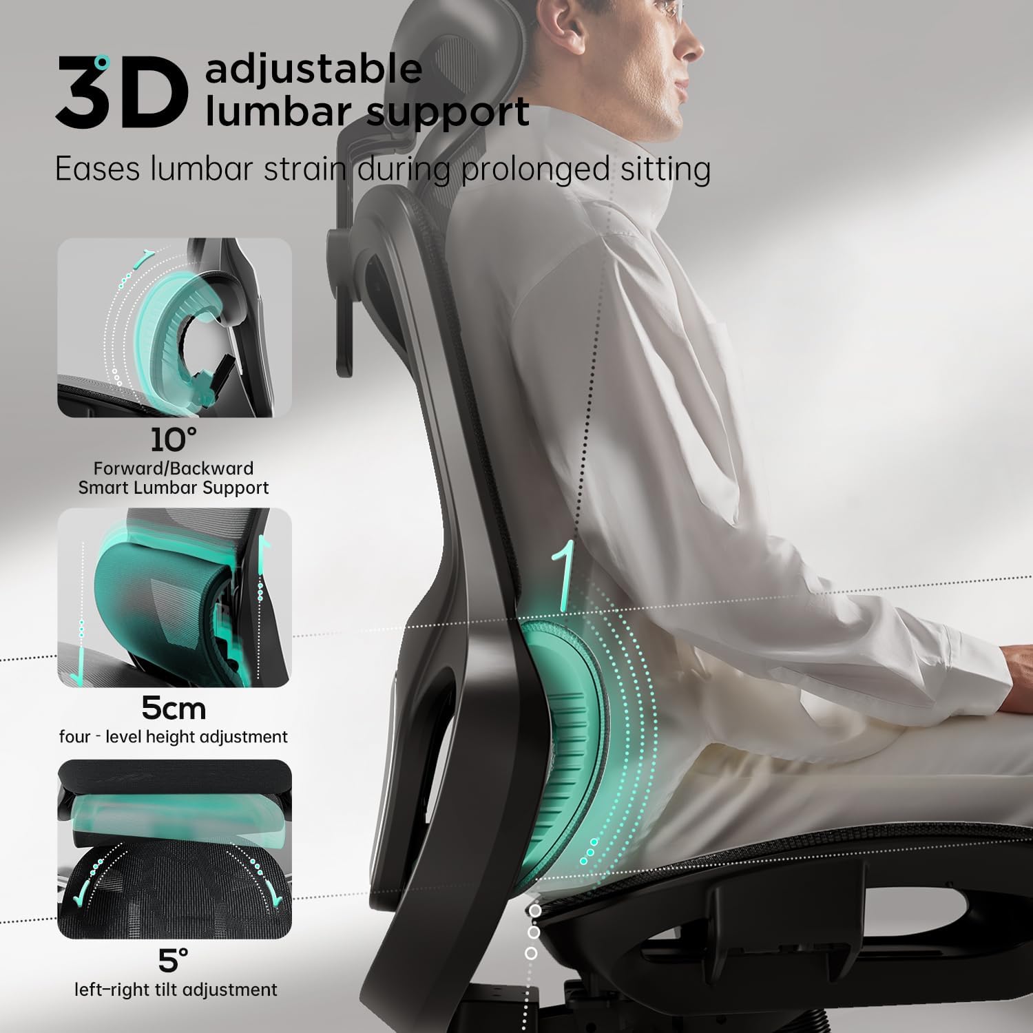 Hbada P2 Ergonomic Office Chair, Office Chair with 3D Lumbar Support, Mesh Chairs with 3D 360° Rotation Arms, 3D Headrest & Comfortable Seat, 135° Stepless Tilt Function, Black