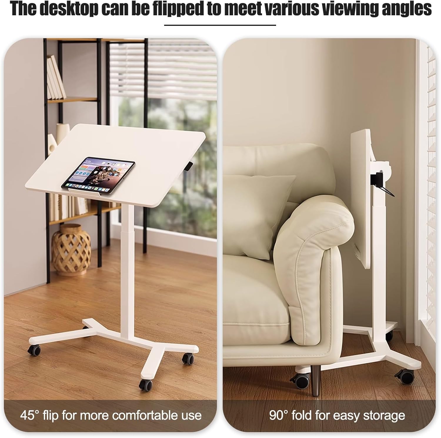 HARELA Adjustable Tilt Overbed Bedside Table with Wheels, Pneumatic Moveable Bed Desk Mobile Standing Stand Up Rolling Laptop Desks for Home Office Hospital Use