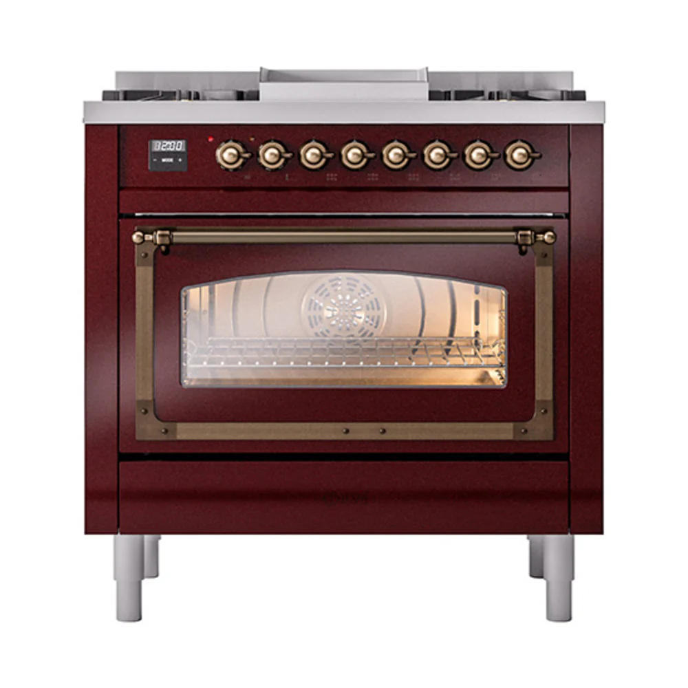 ILVE Nostalgie II Noblesse 36-Inch Dual Fuel Range and Triple Glass Door in Burgundy with Bronze Trim (UN36FNMPBUB)