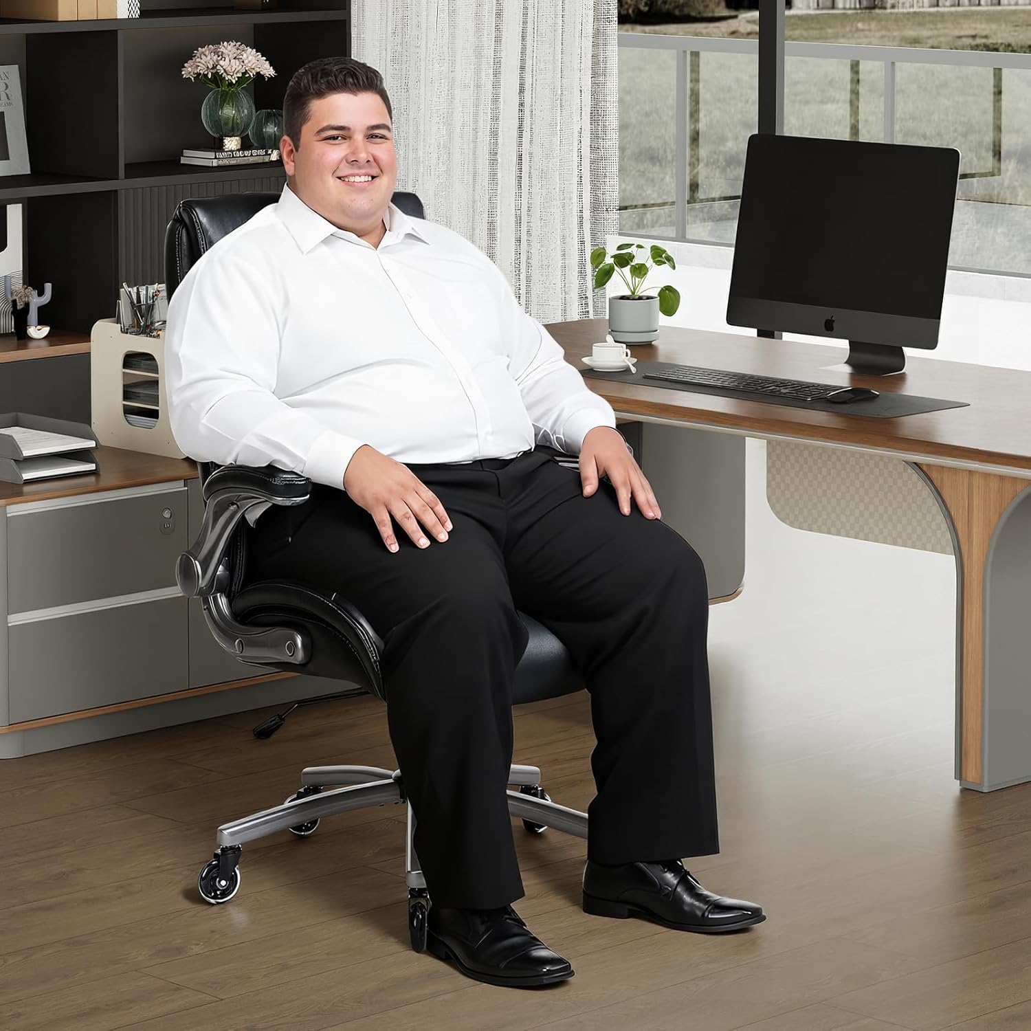 Ergonomic High-Back Executive Office Chairs, Heavy Duty Home Computer Chair with Lumbar Support, Flip-Up Arms, and PU Leather Upholstery, Black