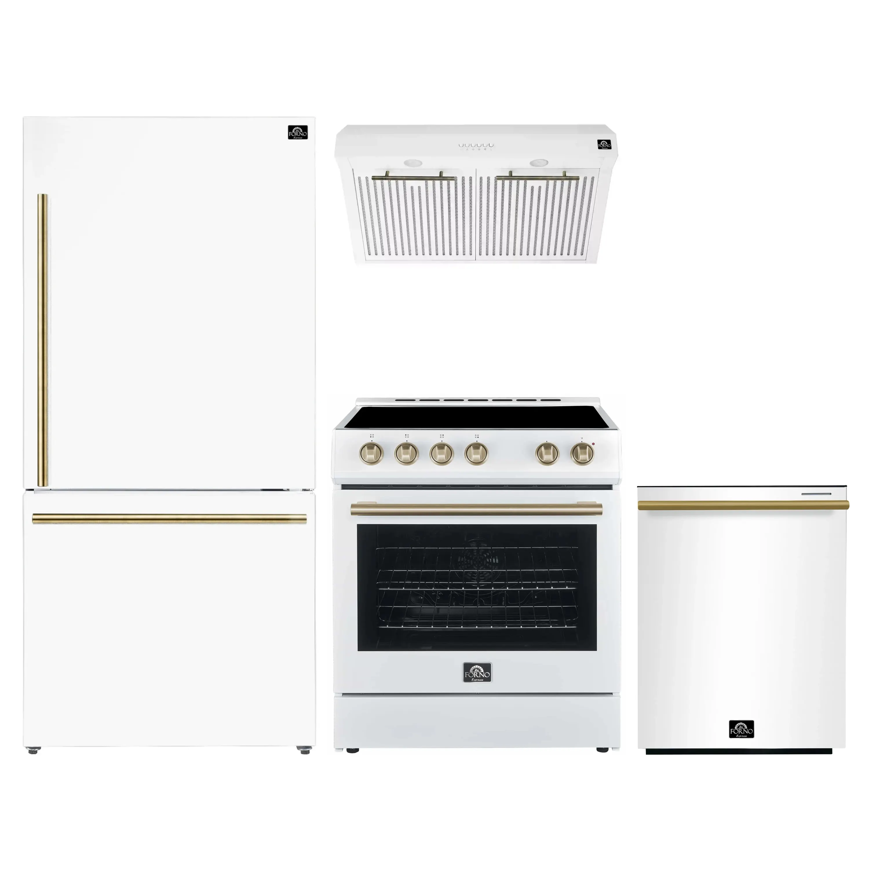 FORNO 4-Piece Appliance Package- 30-Inch Electric Range, Under Cabinet Range Hood, 31-Inch Refrigerator, and Built-In Dishwasher in White with Antique Brass Trim (FBDL-006-03US)