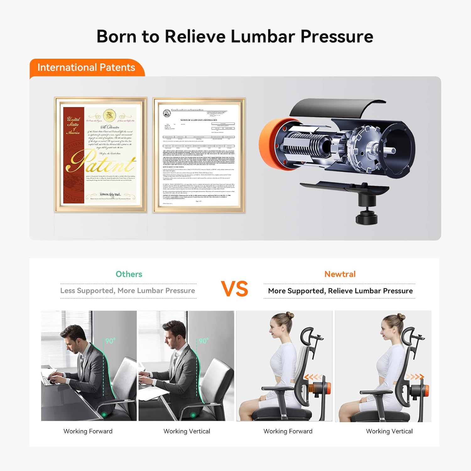 Newtral Ergonomic Office Chair - Home Office Desk Chair with Adaptive Lumbar Support, with Footrest, 4D Armrest, Adjustable Seat Depth & Height