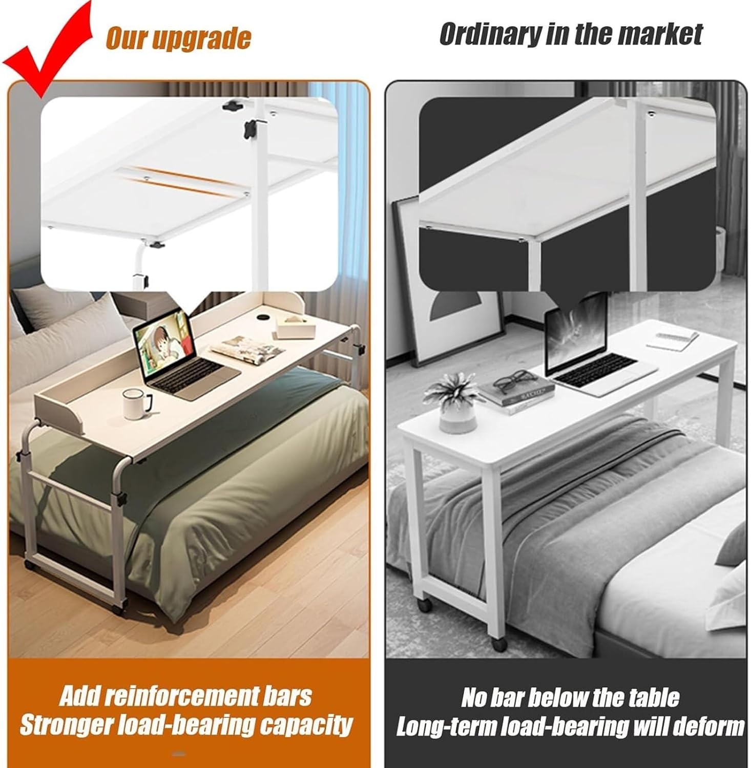 Computer Desk Standing Workstation, Rolling Medical Table Adjustable 115-210cm Mobile Bedside Table with 4 Wheels for Laptop Study Work Hospital Medical