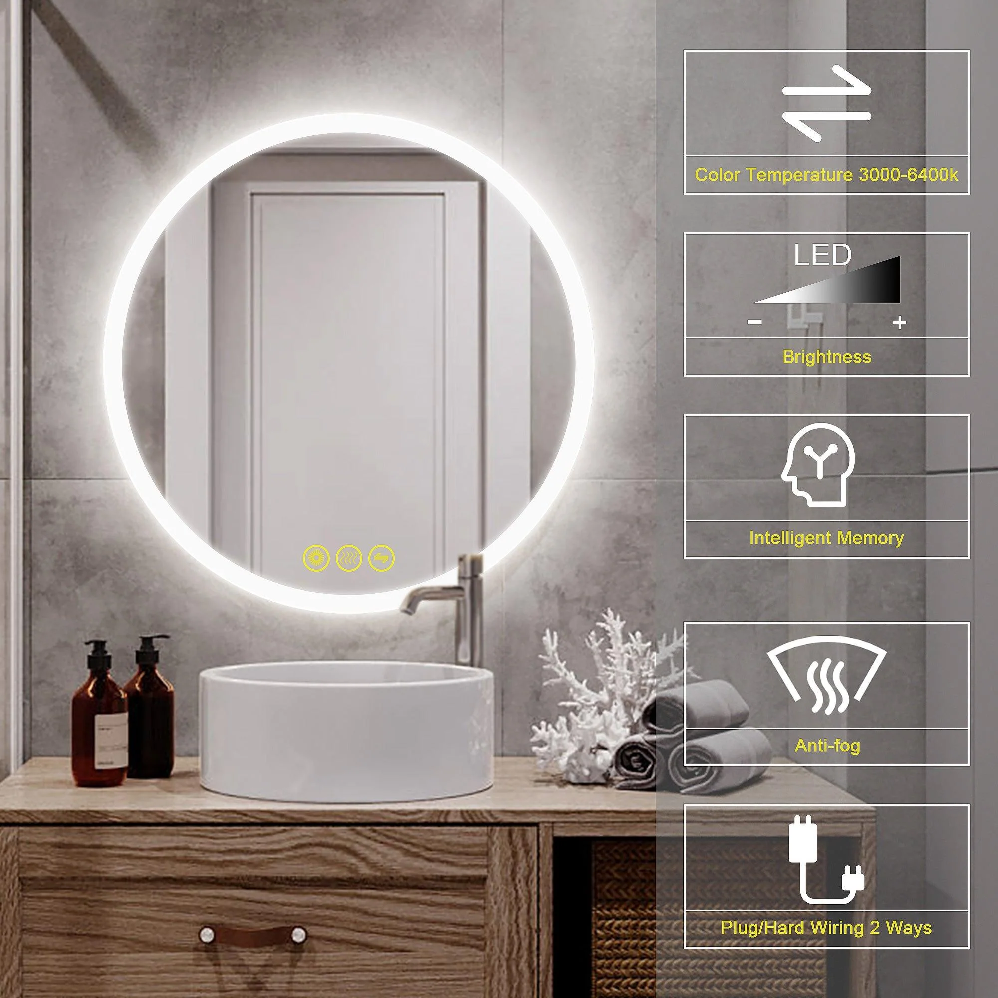 Parrot Uncle SmartReflect Modern Round LED Dimmable Anti-Fog Frameless Bathroom Vanity Mirror