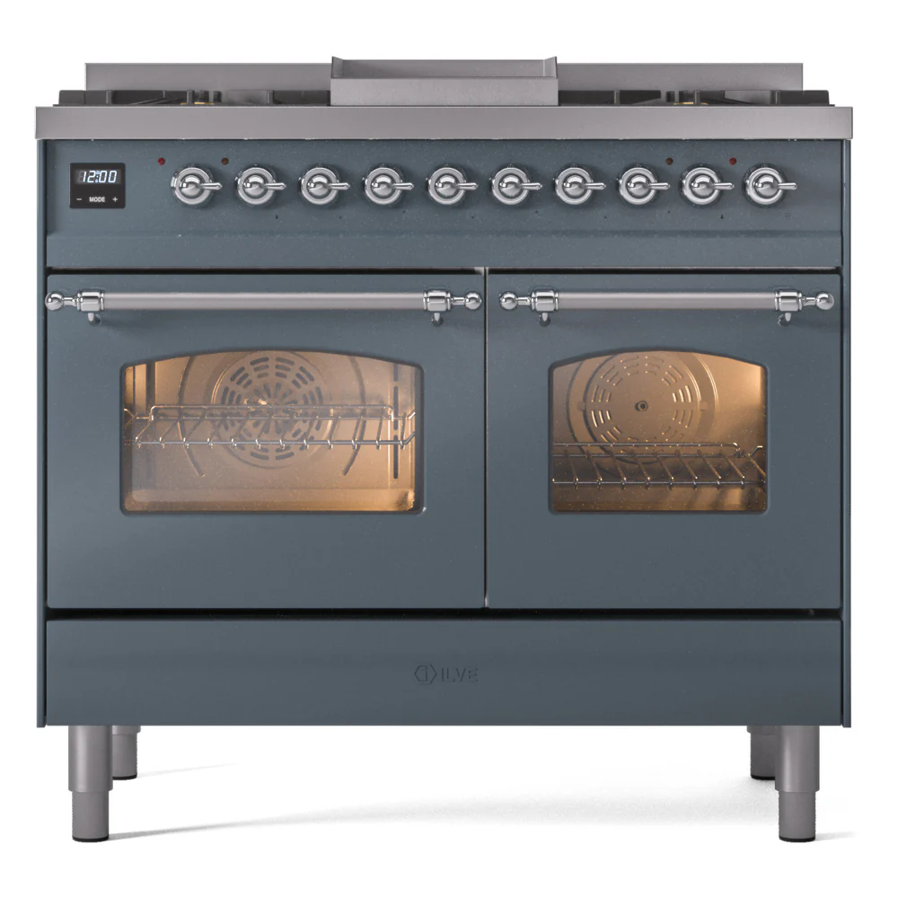 ILVE Nostalgie II 40-Inch Dual Fuel Freestanding Range in Blue Grey with Chrome Trim (UPD40FNMPBGC)