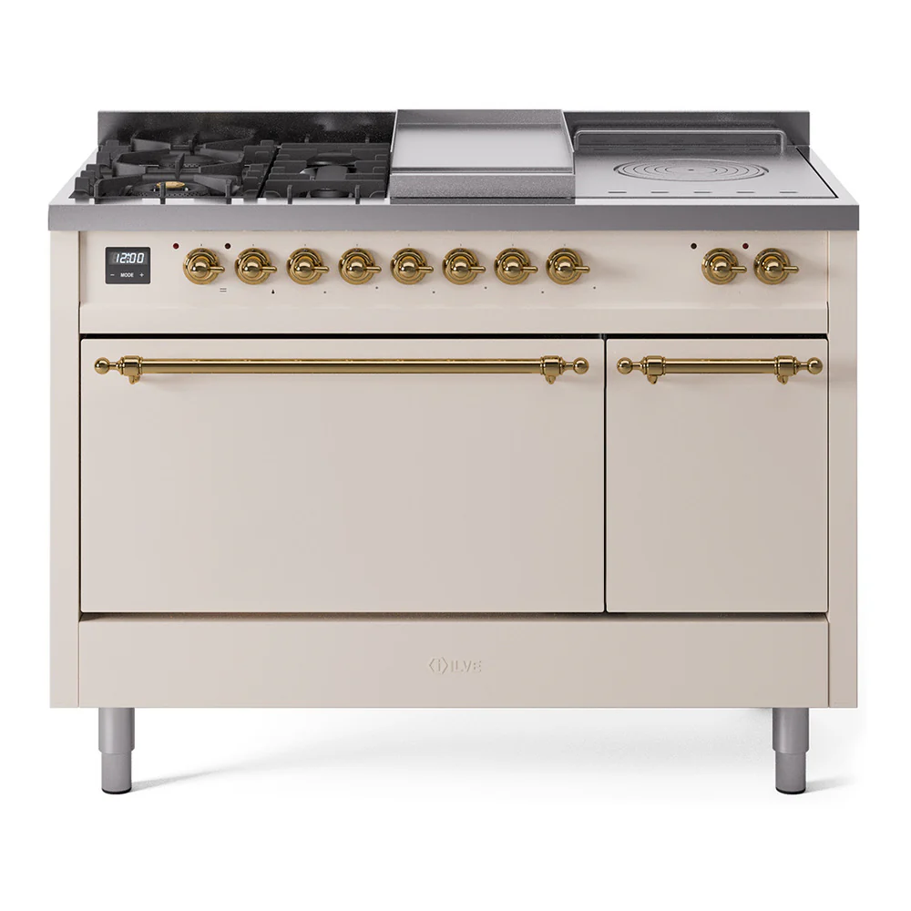 ILVE Nostalgie II 48-Inch Dual Fuel Range with 5 Burners, Griddle, & French Top, with Solid Door Oven in Antique White with Brass Trim (UP48FSQNMPAWG)
