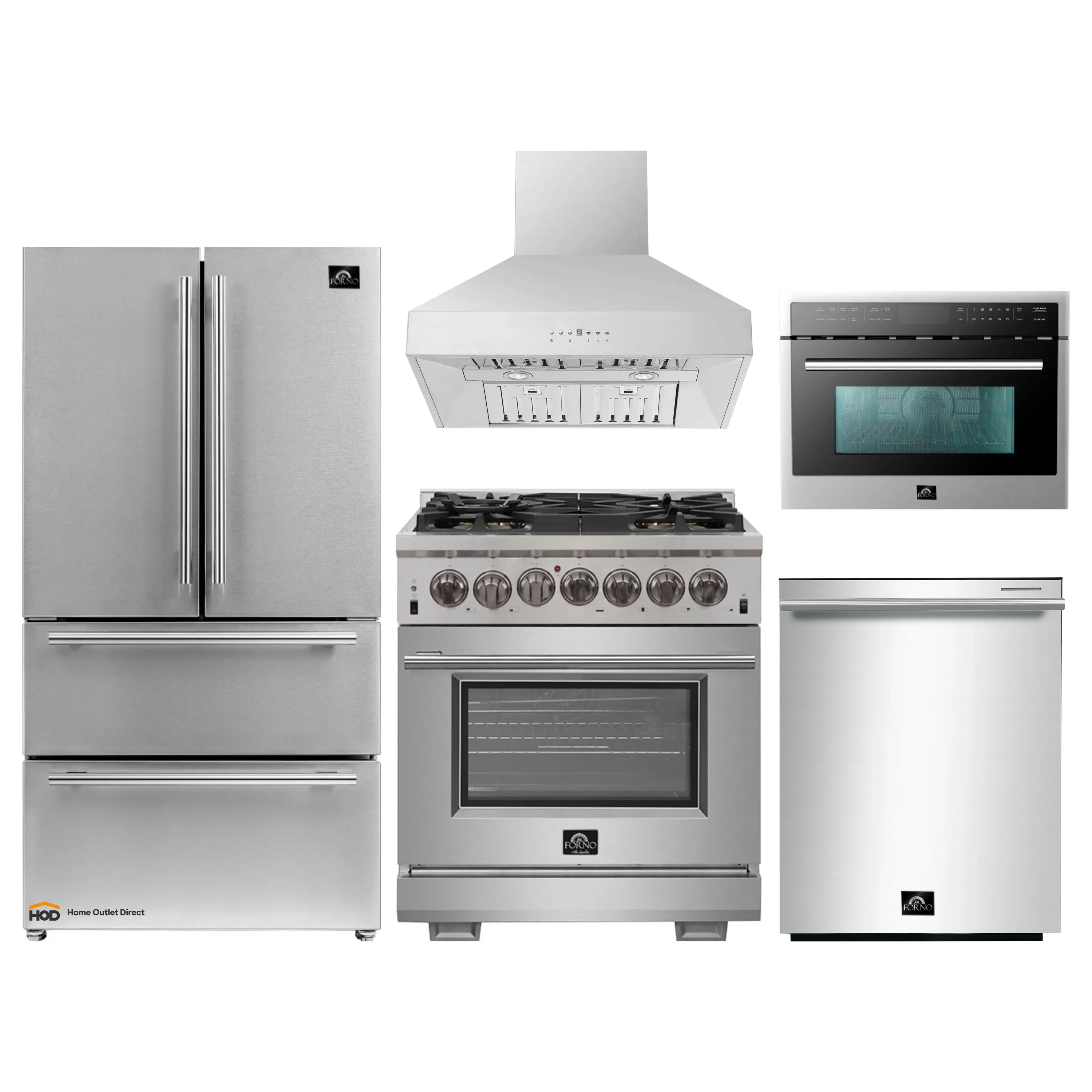 Forno 5-Piece Pro Appliance Package - 30-Inch Dual Fuel Range, Refrigerator, Wall Mount Hood, 24-Inch Microwave Oven, & 3-Rack Dishwasher in Stainless Steel
