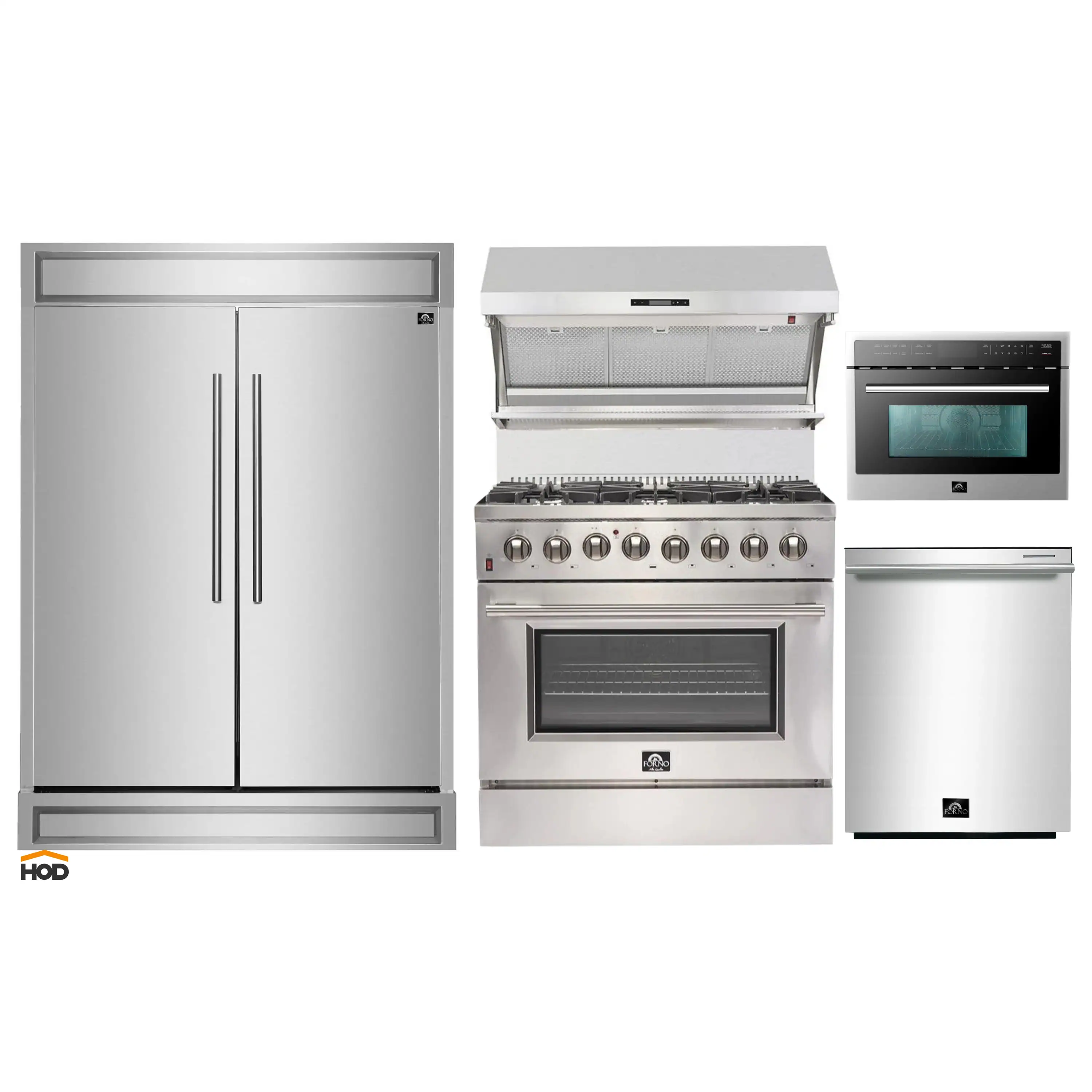 Forno 5-Piece Appliance Package - 36-Inch Dual Fuel Range, 60-Inch Refrigerator, Wall Mount Hood with Backsplash, 24-Inch Microwave Oven, & 3-Rack Dishwasher in Stainless Steel