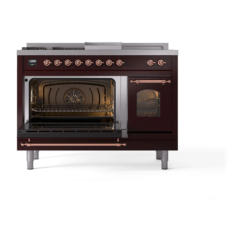 ILVE Nostalgie II 48-Inch Dual Fuel Range with 5 Burners, Griddle, & French Top with Triple Glass Door Oven in Burgundy with Copper Trim (UP48FSNMPBUP)