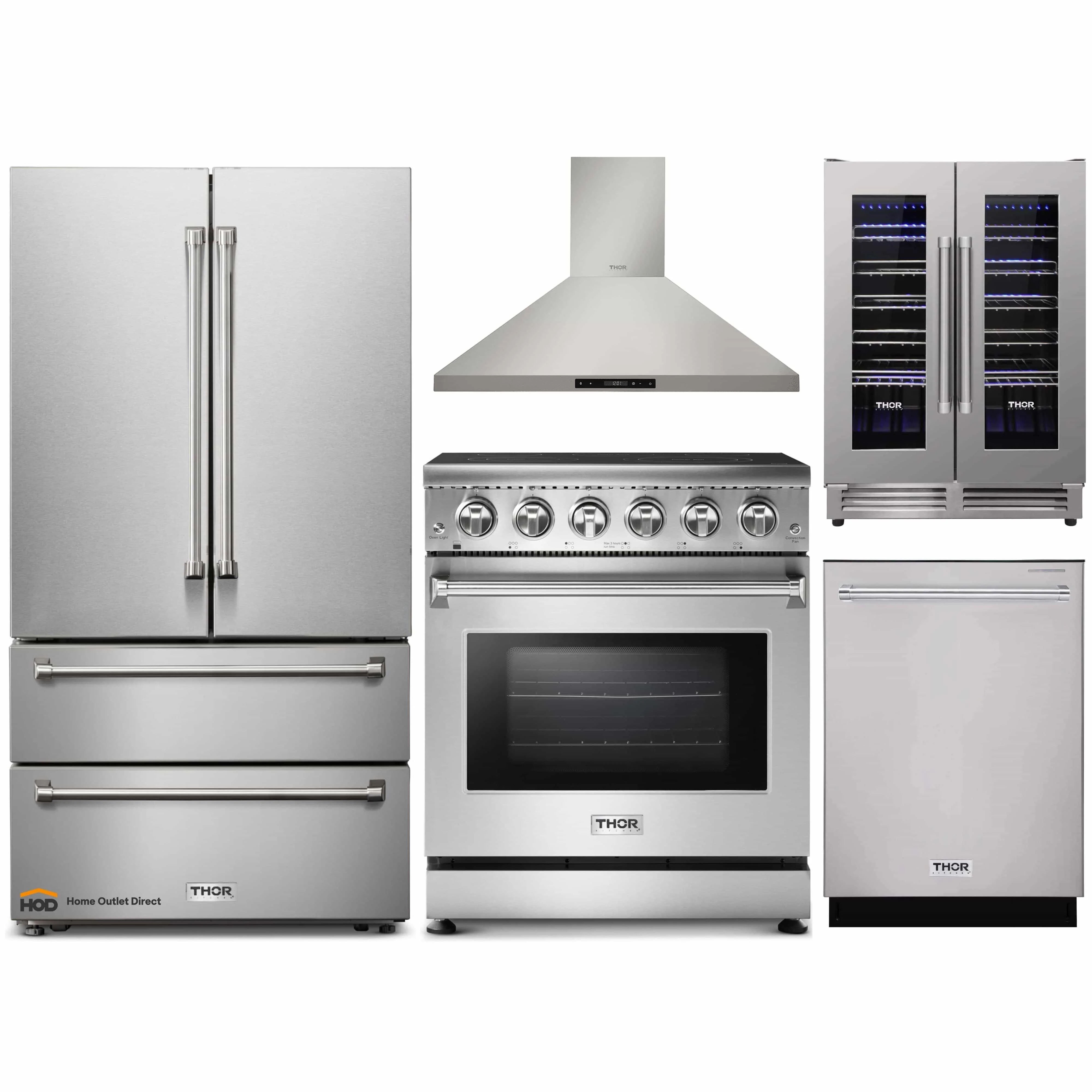 Thor Kitchen 5-Piece Appliance Package - 30-Inch Electric Range, French Door Refrigerator, Wall Mount Hood, Dishwasher, & Wine Cooler in Stainless Steel