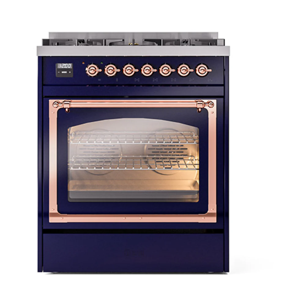 ILVE Nostalgie II Noblesse 30-Inch Dual Fuel Range with Triple Glass Door in Midnight Blue with Copper Trim (UN30NMPMBP)