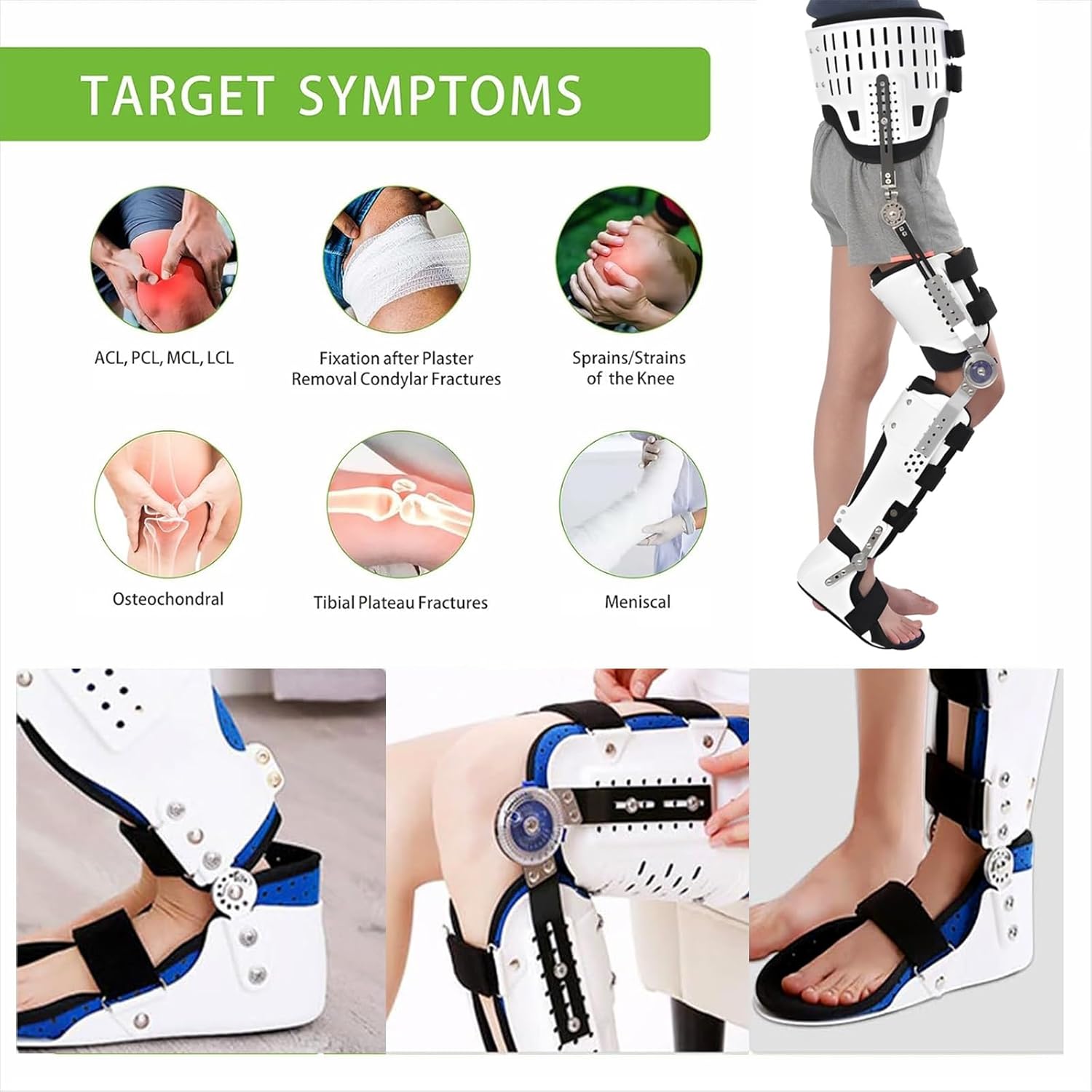 Knee immobilizer unloader knee brace Adjustable Folding Foot Support Protection Full Legs Joint Fixator Stabilizer with 6 Compression Straps, Mobility Aid for Added Support Comfort Women and Men(Adjus