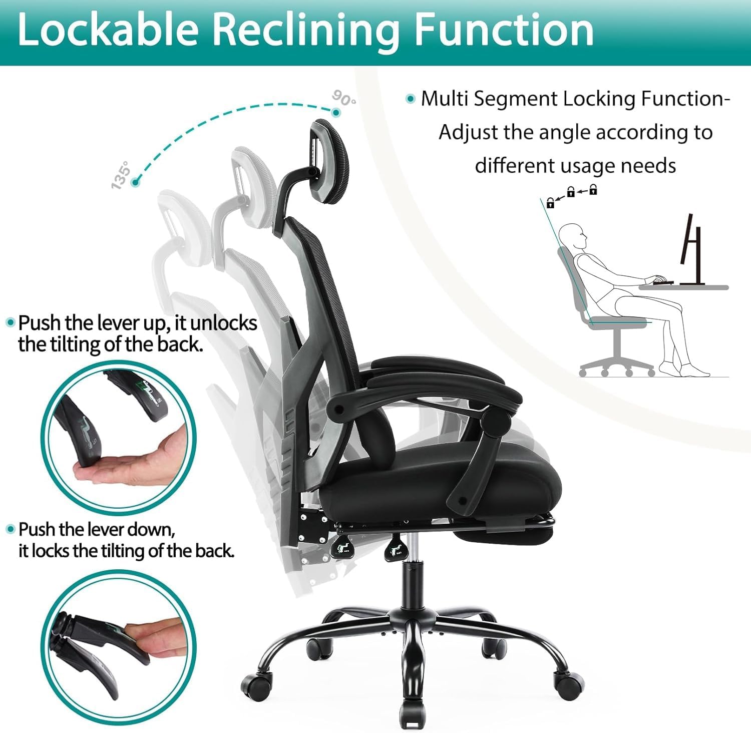 DUMOS Home Office Desk Chair with Footrest, High-Back Mesh Rolling Swivel Reclining Chairs with Wheels, Comfortable Headrest, Lumbar Support, Comfy Arms for Home, Office, Gaming, Student, Inky