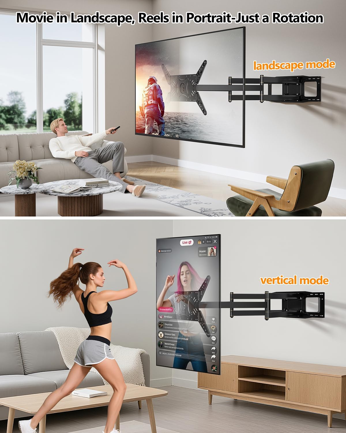 Rotating TV Wall Mount 180° Landscape to Vertical, Heavy Duty Long Arm TV Wall Mount Full Motion with 43 inch Extension for 42 to 77,80,85,86,90 inch Screen 132 lbs, Max VESA 600x400mm,16-24