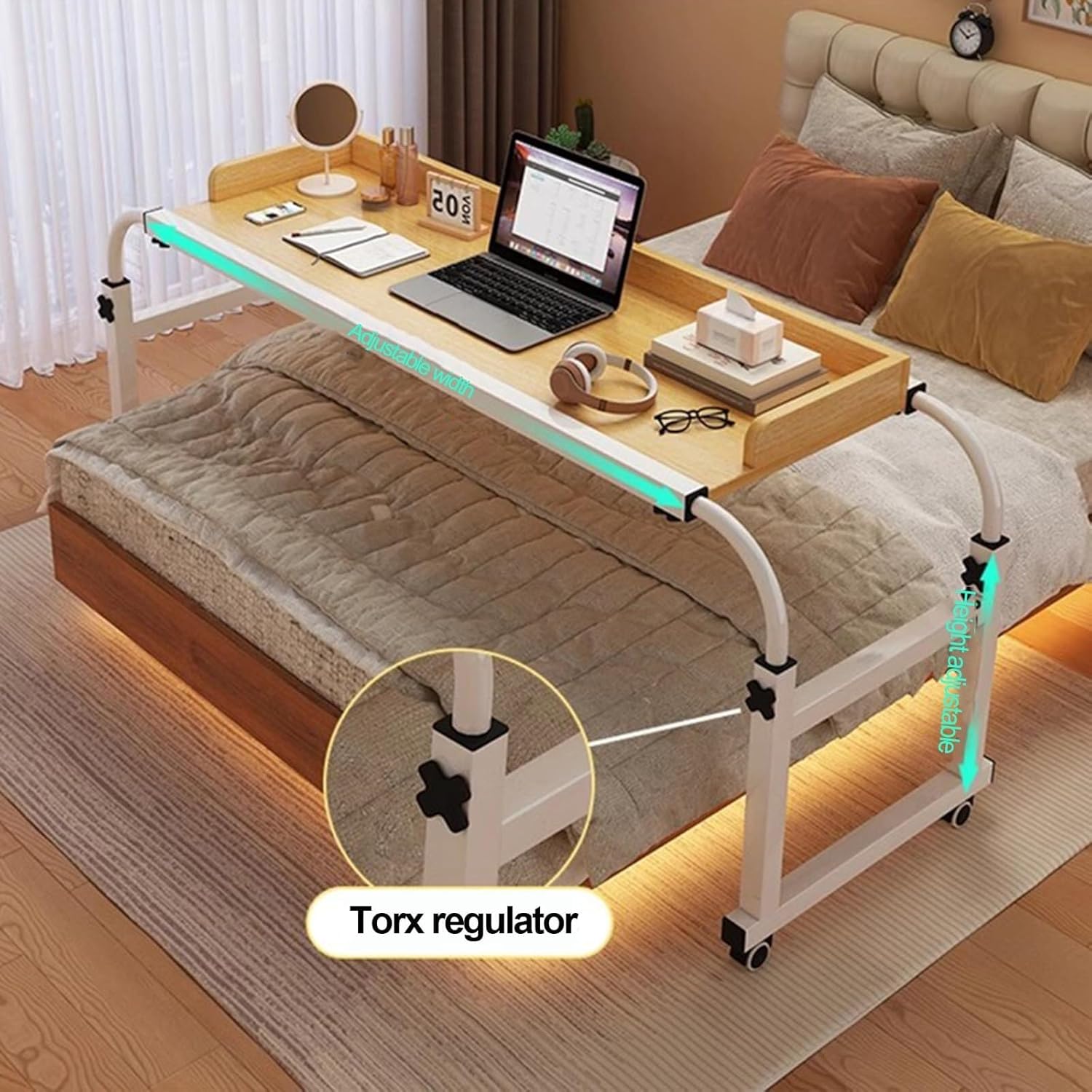 Overbed Overbed Desk Height Adjustable,Food Tray Desk Rolling Medical Table Mobile Height and Length Adjustable Computer Desk Laptop Cart Overbed Table with Wheels Rolling Bed Bar Table