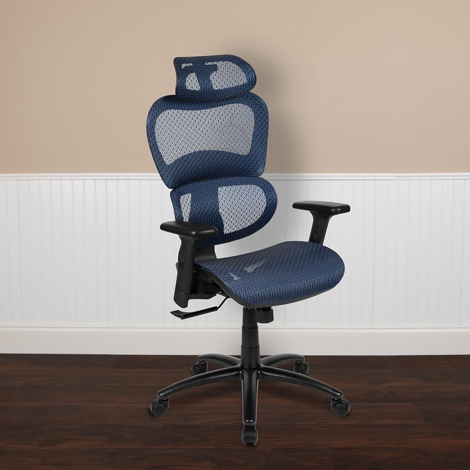 Flash Furniture LO Ergonomic Mesh Office Chair with 2-to-1 Synchro-Tilt, Adjustable Headrest, Lumbar Support, and Adjustable Pivot Arms in Blue