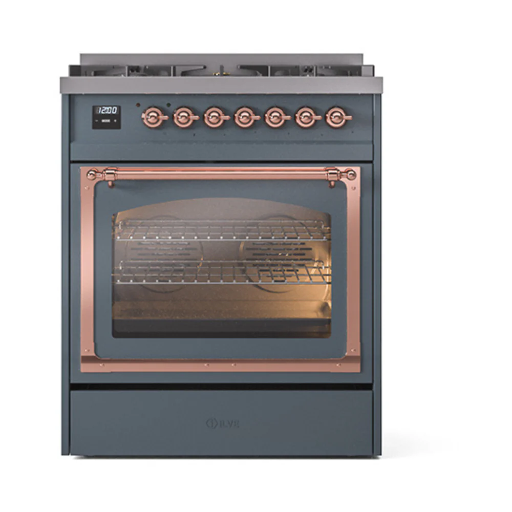 ILVE Nostalgie II Noblesse 30-Inch Dual Fuel Range with Triple Glass Door in Blue Grey with Copper Trim (UN30NMPBGP)