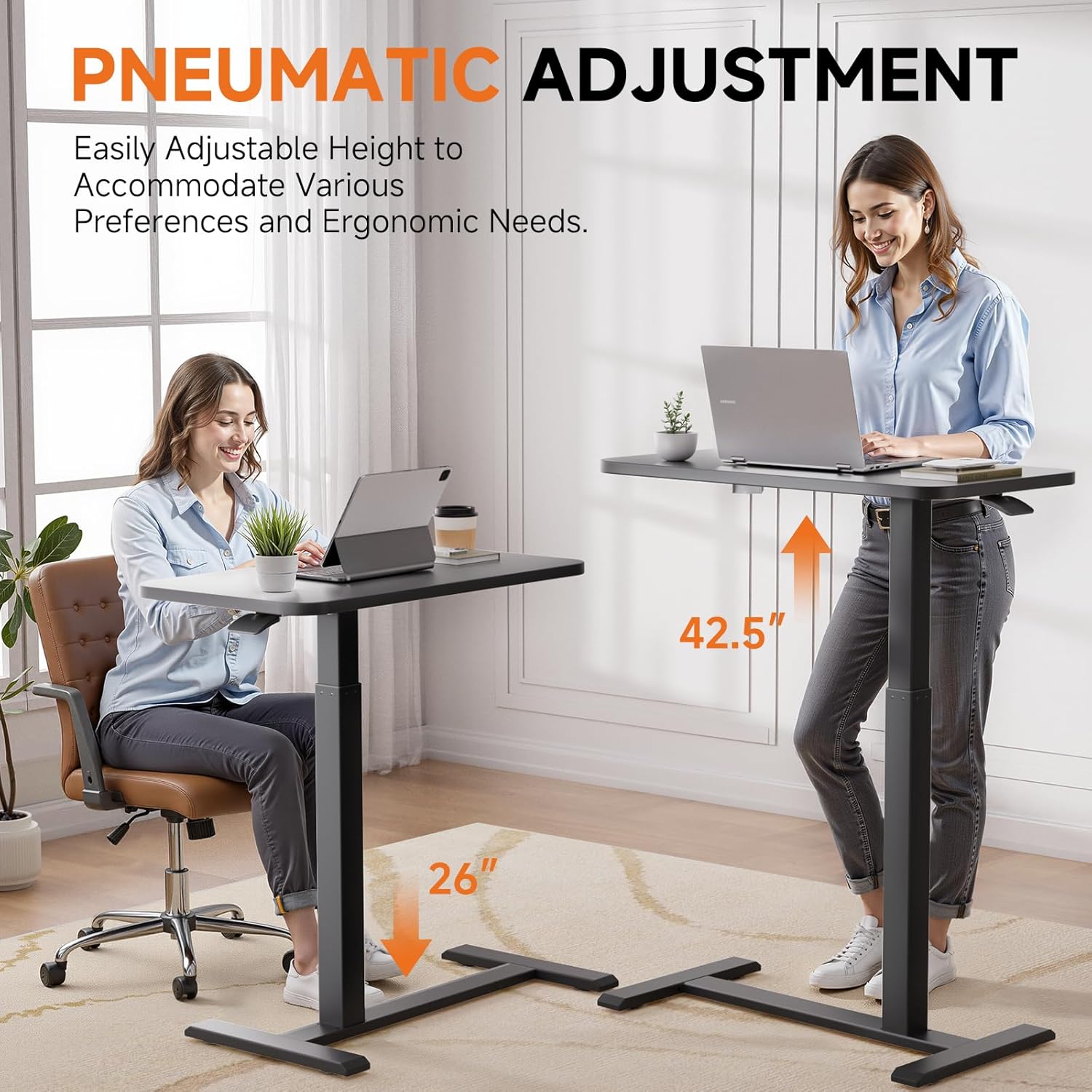 COMHOMA Adjustable Overbed Bedside Table with Wheels, Pneumatic Mobile Rolling Laptop Desk, Height Adjustable Standing Desk Bed Table for Hospital and Home Use (32