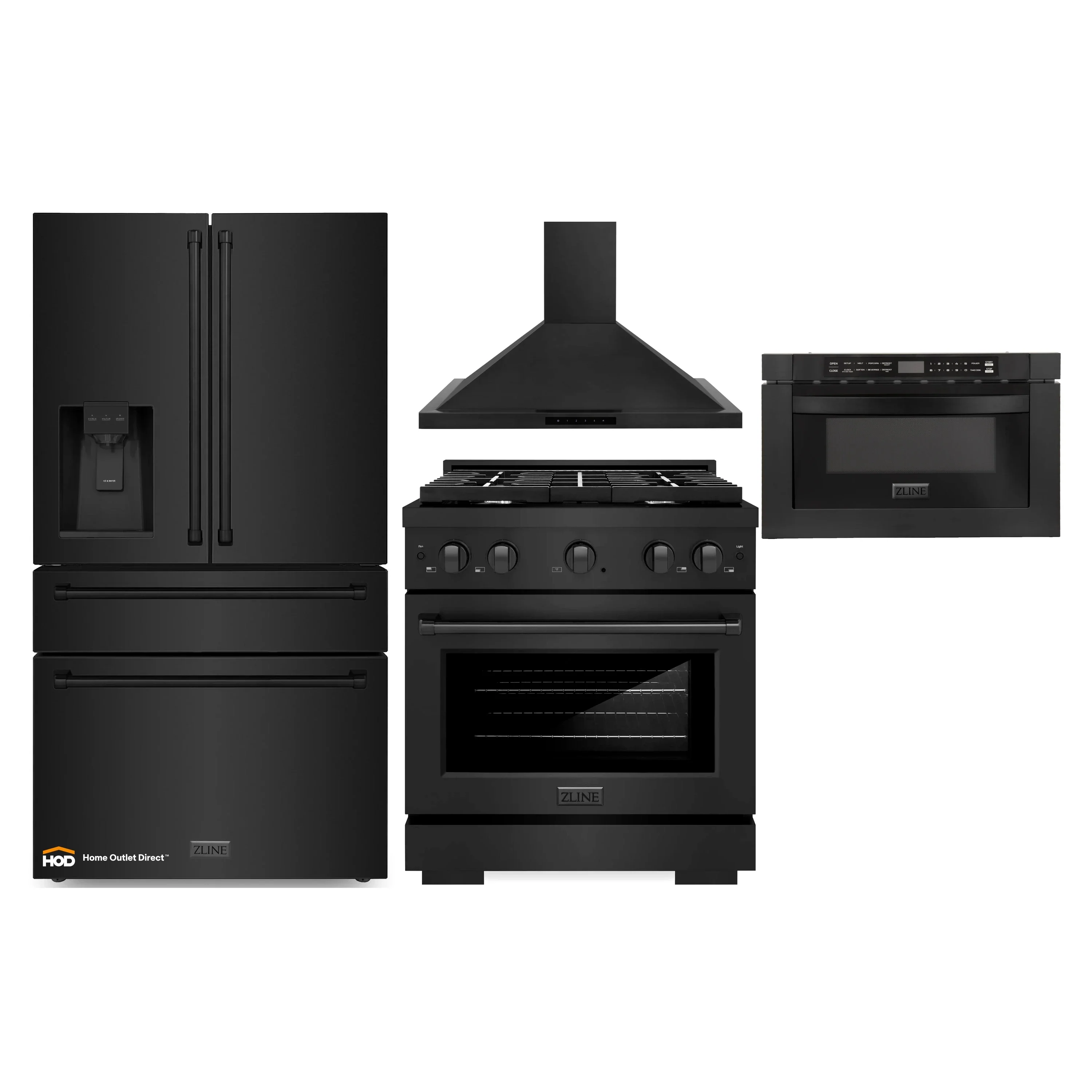 ZLINE 4-Piece Appliance Package - 30-Inch Gas Range, Refrigerator with Water Dispenser, Convertible Wall Mount Hood, and Microwave Drawer in Black Stainless Steel (4KPRW-SGRBRH30-MWD)
