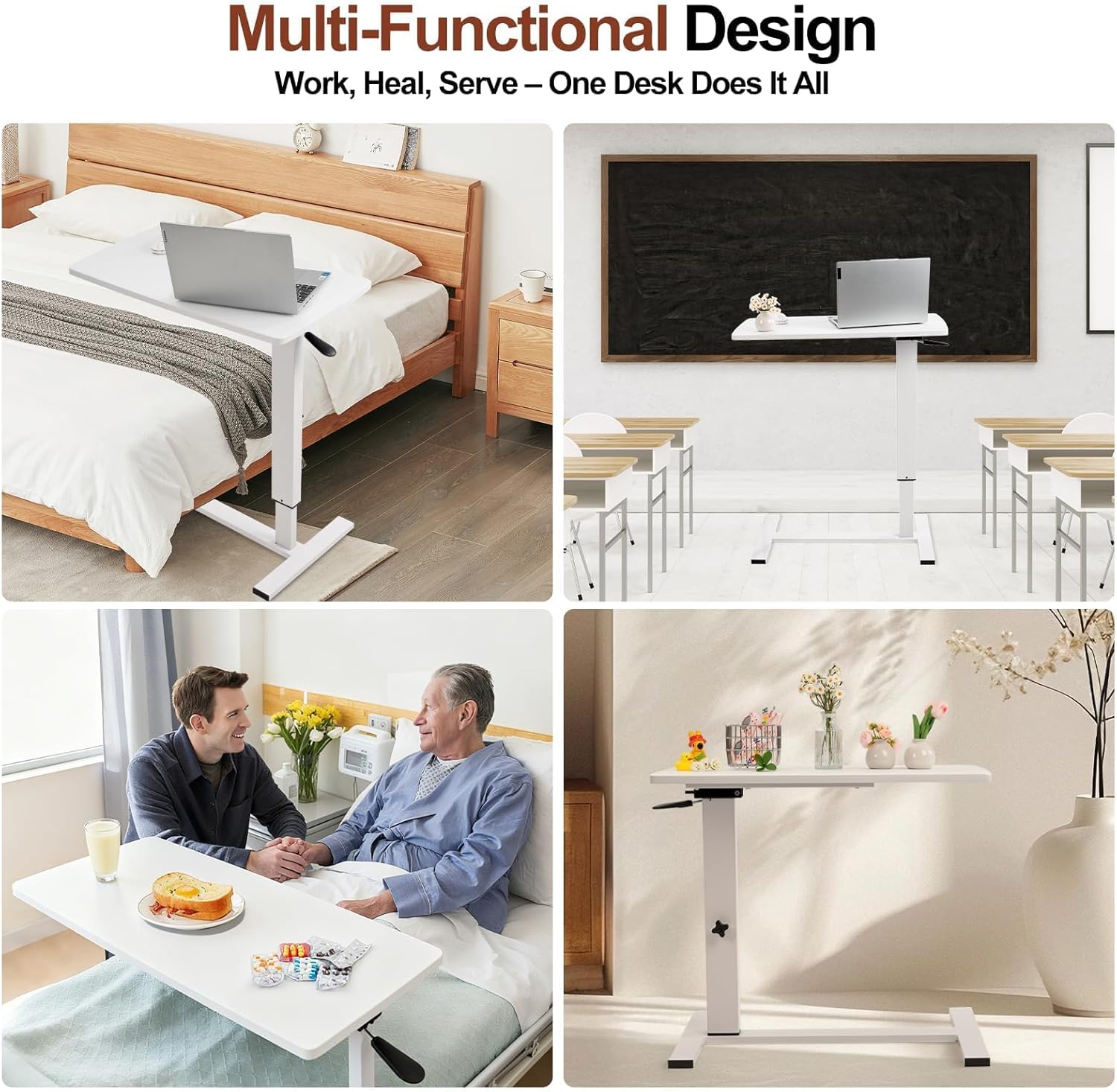 Adjustable Overbed Bedside Table with Hidden Casters, Pneumatic Mobile Laptop Computer Standing Desk, Medical Foldable Cart Movable Rolling Table for Hospital Home Use(32