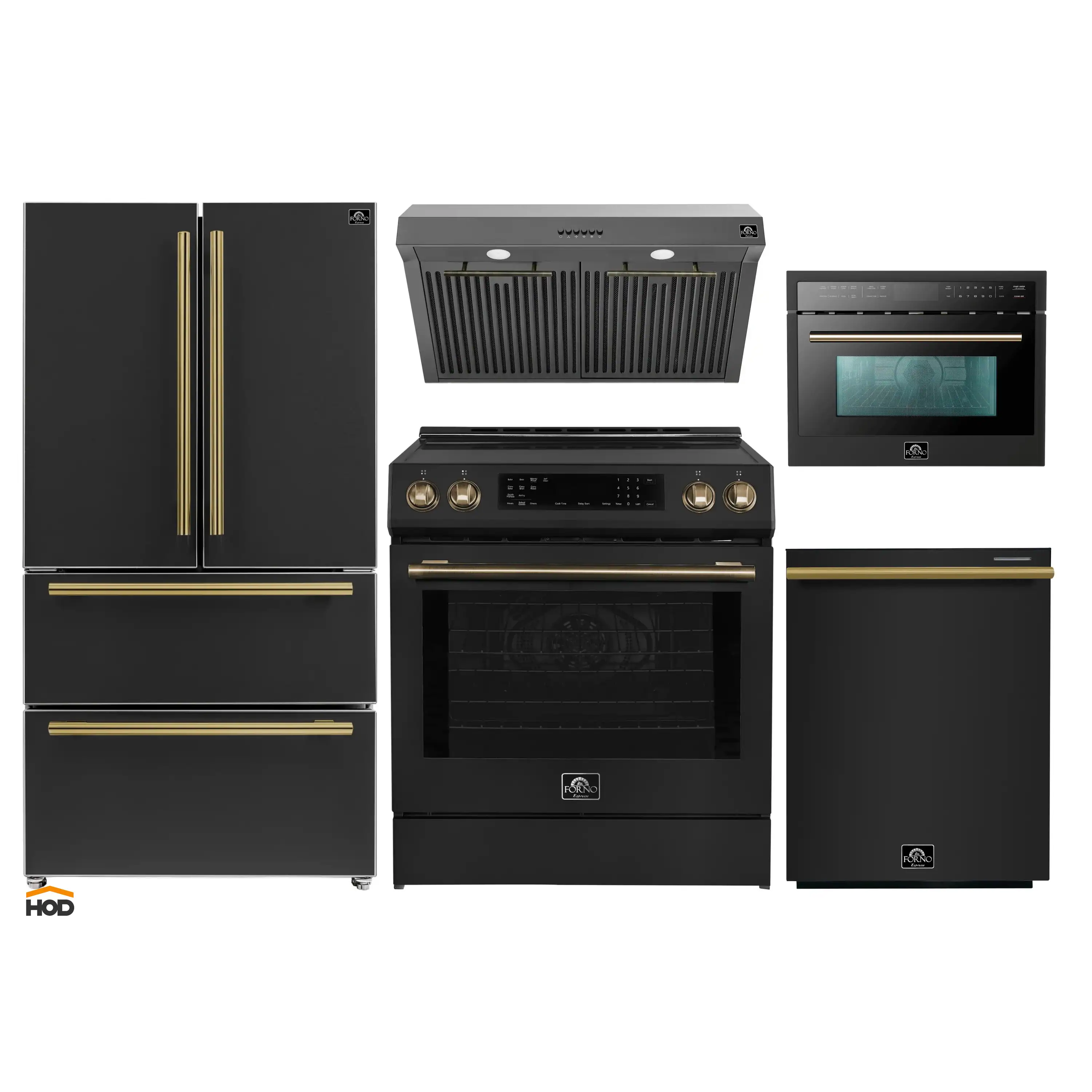 Forno 5-Piece Appliance Package - 30-Inch Inducton Range, Under Cabinet Range Hood, Refrigerator, Dishwasher, and 24-Inch Microwave Oven in Black with Antique Brass Trim