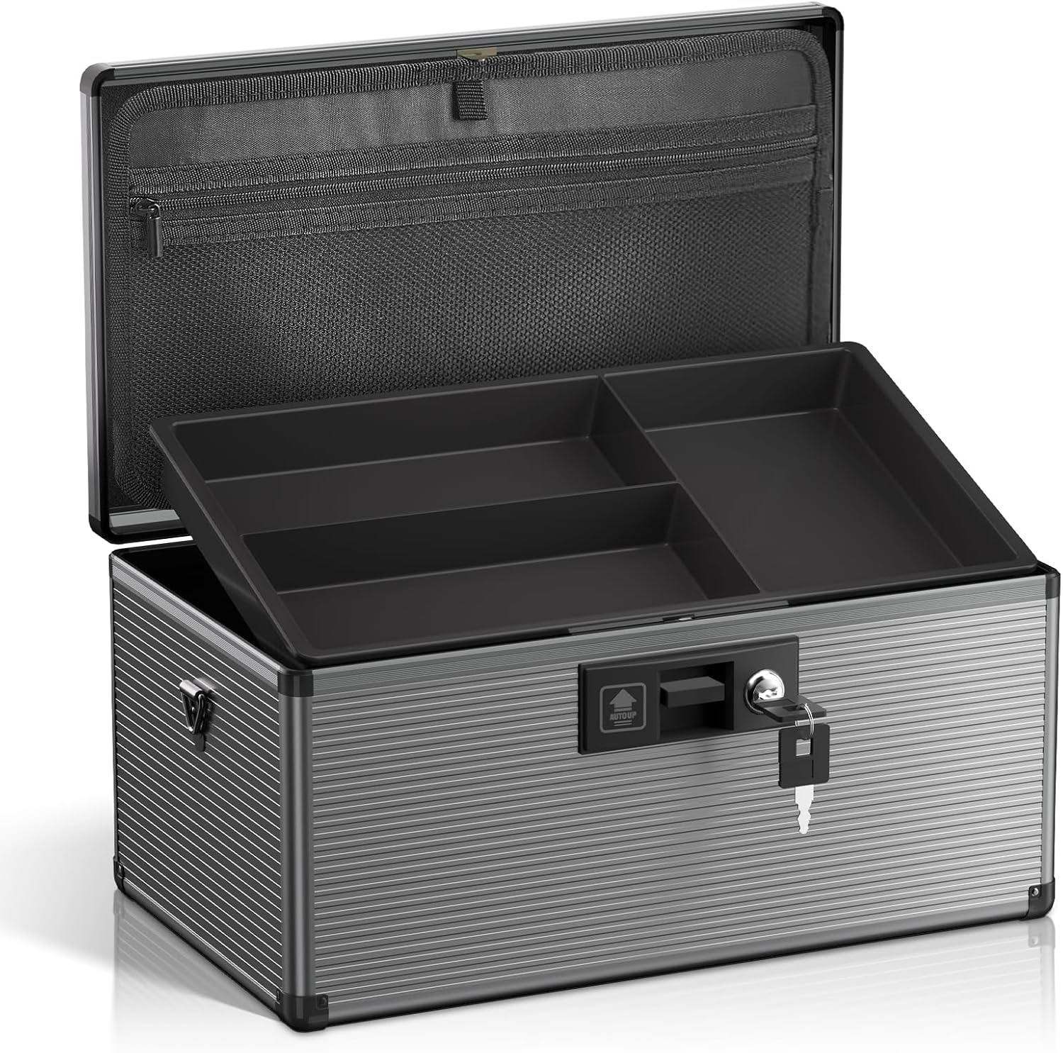 Medicine Lock Box with Key, Alluminum Alloy Box for Medication,First Aid Box with a Removeable Tray to Store Medicines & Pills for Home, Black,16 * 9.25 * 7.48 Inch