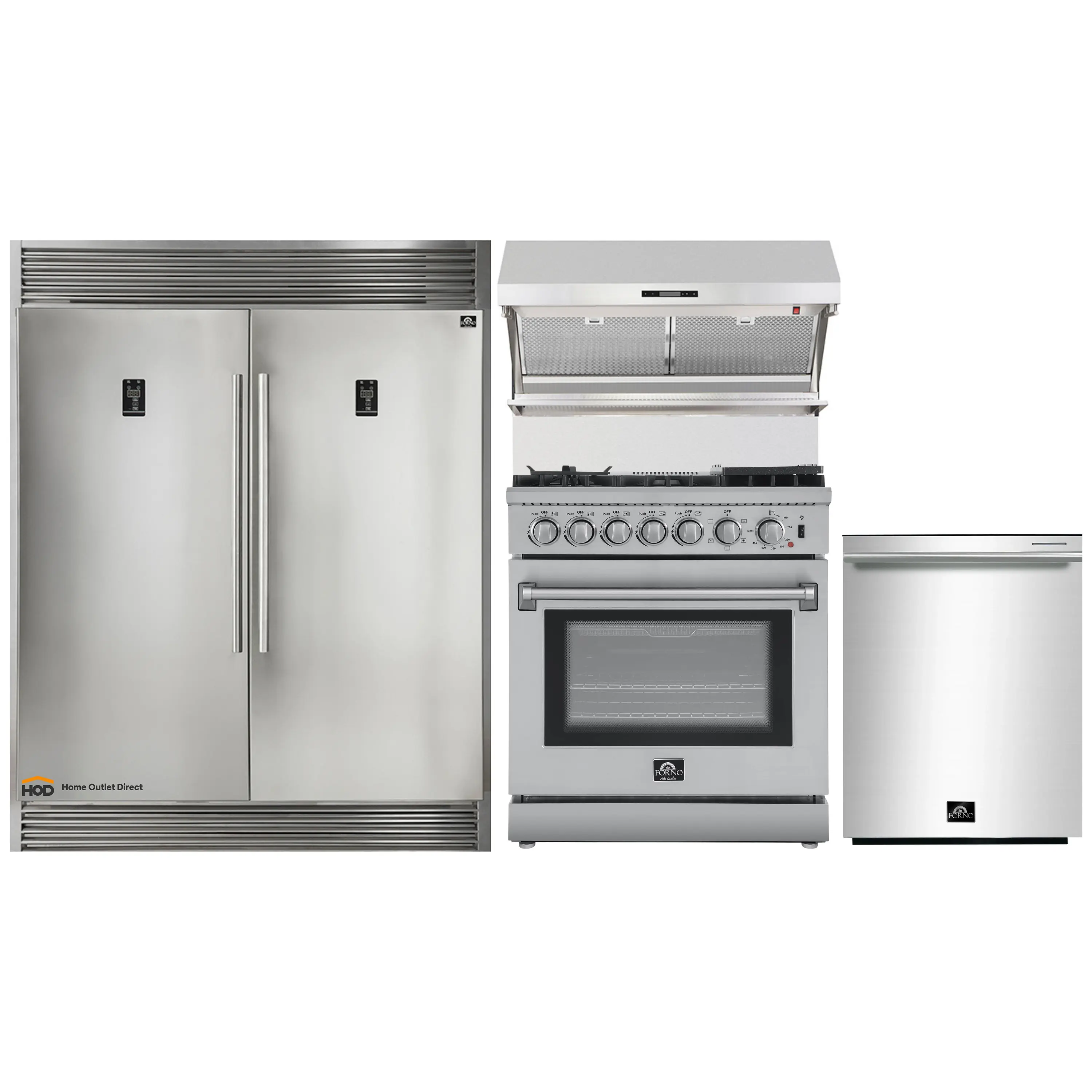 Forno 4-Piece Appliance Package - 30-Inch Dual Fuel Range with Air Fyer, 60-Inch Pro-Style Refrigerator, Wall Mount Hood with Backsplash, & 3-Rack Dishwasher in Stainless Steel