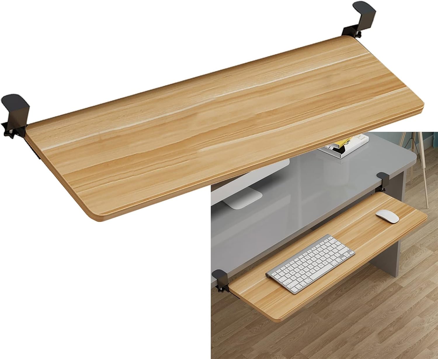 Arm Rest Keyboard Support Bracket, for Home Office Computer Desk Extender, Keyboard Tray Under Desk Sliding Keyboard Shelf, with Clamp, Easy to Set Up, Protect Eyes,Walnut-75cm x 25cm