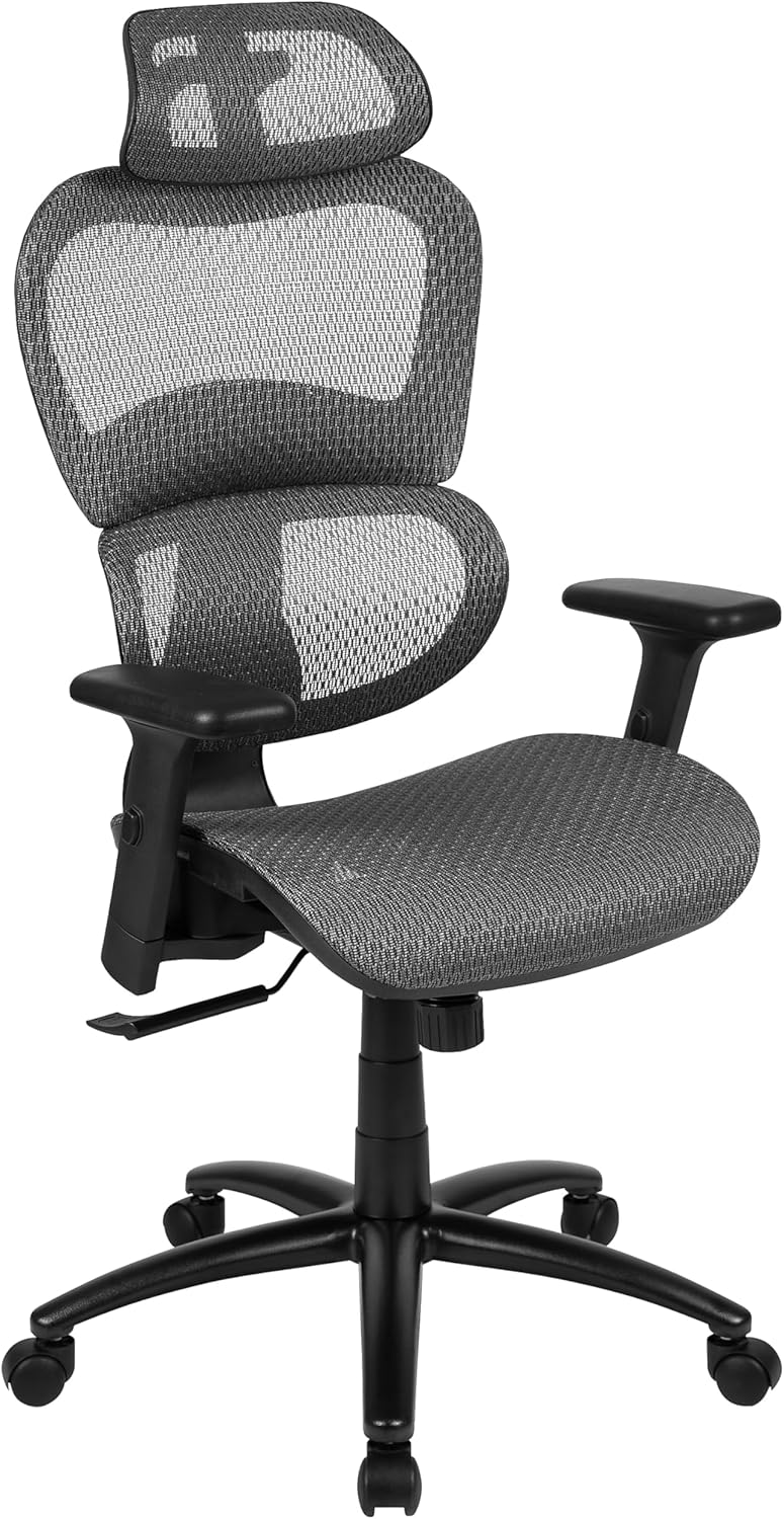 Flash Furniture LO Ergonomic Mesh Office Chair with 2-to-1 Synchro-Tilt, Adjustable Headrest, Lumbar Support, and Adjustable Pivot Arms in Gray