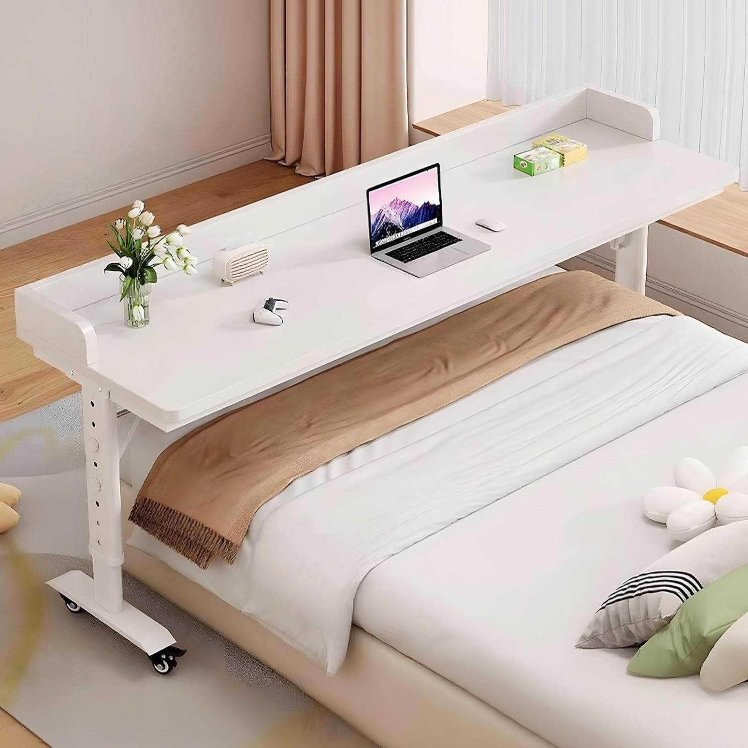 Over The Bed Table with Wheels, Over Bed Table Adjustable Height, Rolling Over The Bed Desk, Overbed Desk, Mobile Laptop Cart for Bedroom, 31.5