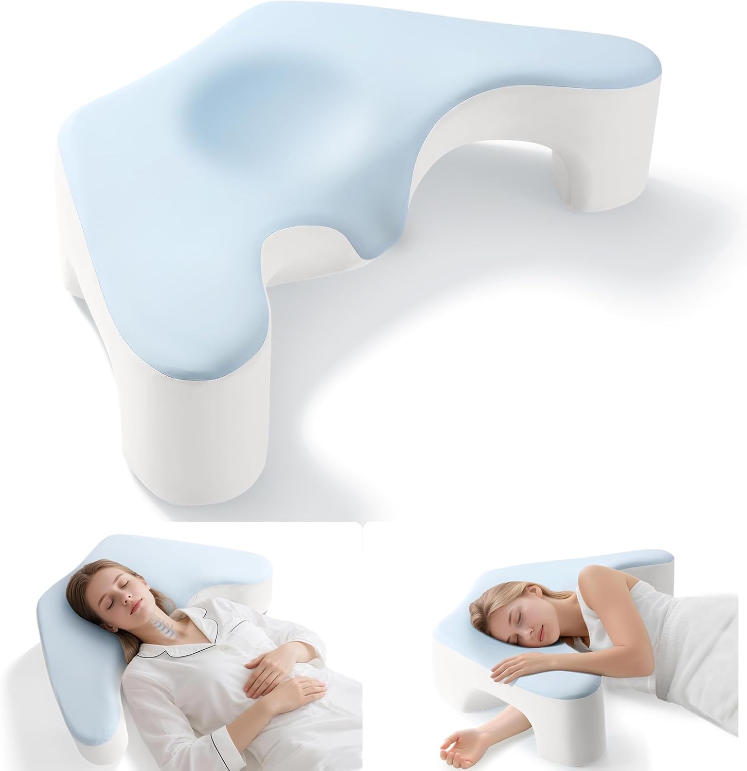 Side Sleeper Pillow for Shoulder Pain Relief, Memory Foam Pillow with Arm Hole & Neck Support Design, Ergonomic Back Sleeping Cervical Pillows with Washable Cooling Pillows Case - Blue&White