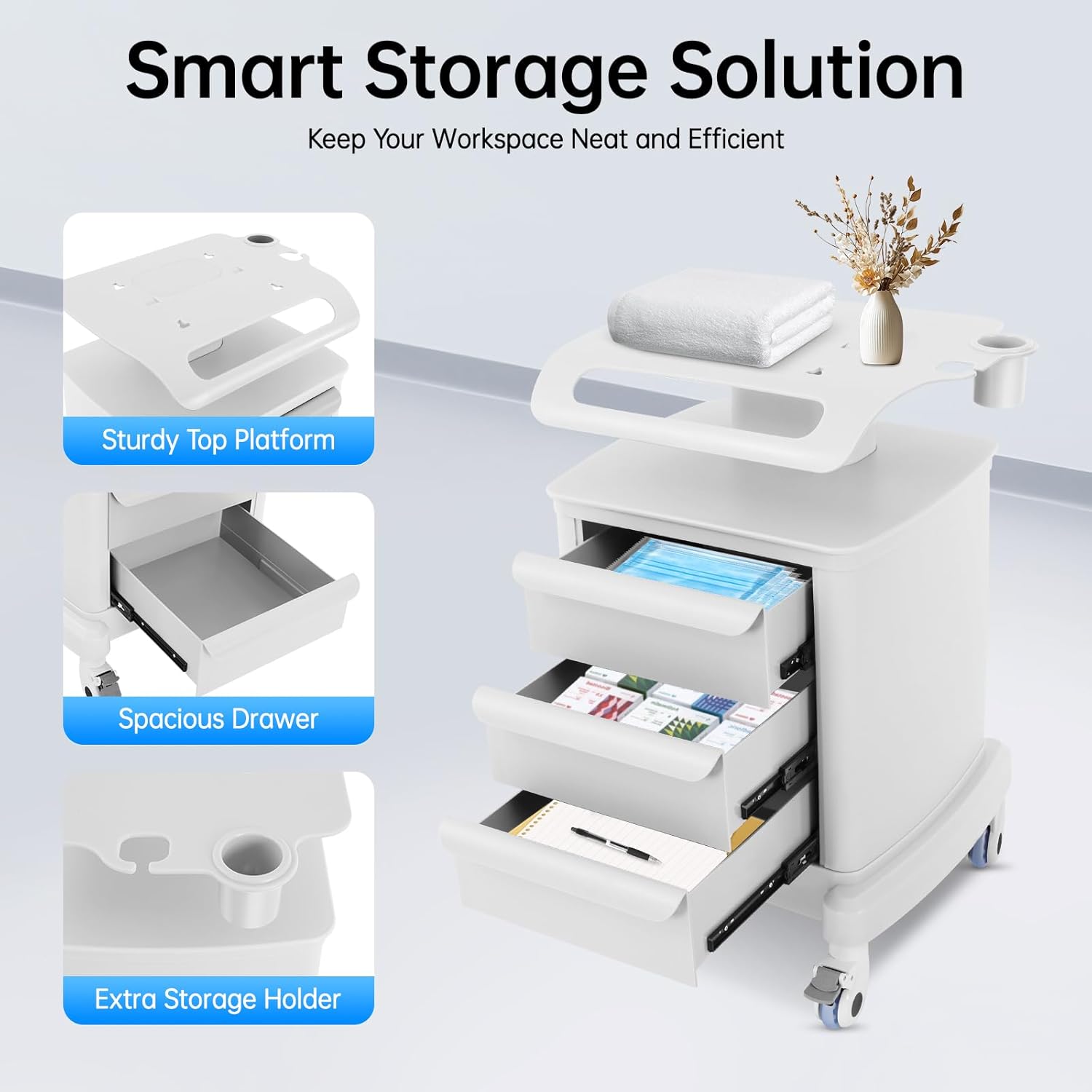Beauty Instrument Trolley Cart, Freestanding Mobile Trolley with 4 Wheels 66lbs Storage Cart with 3 Drawers, Lab Rolling Storage Cart for Spas, Homes, Labs, Salons