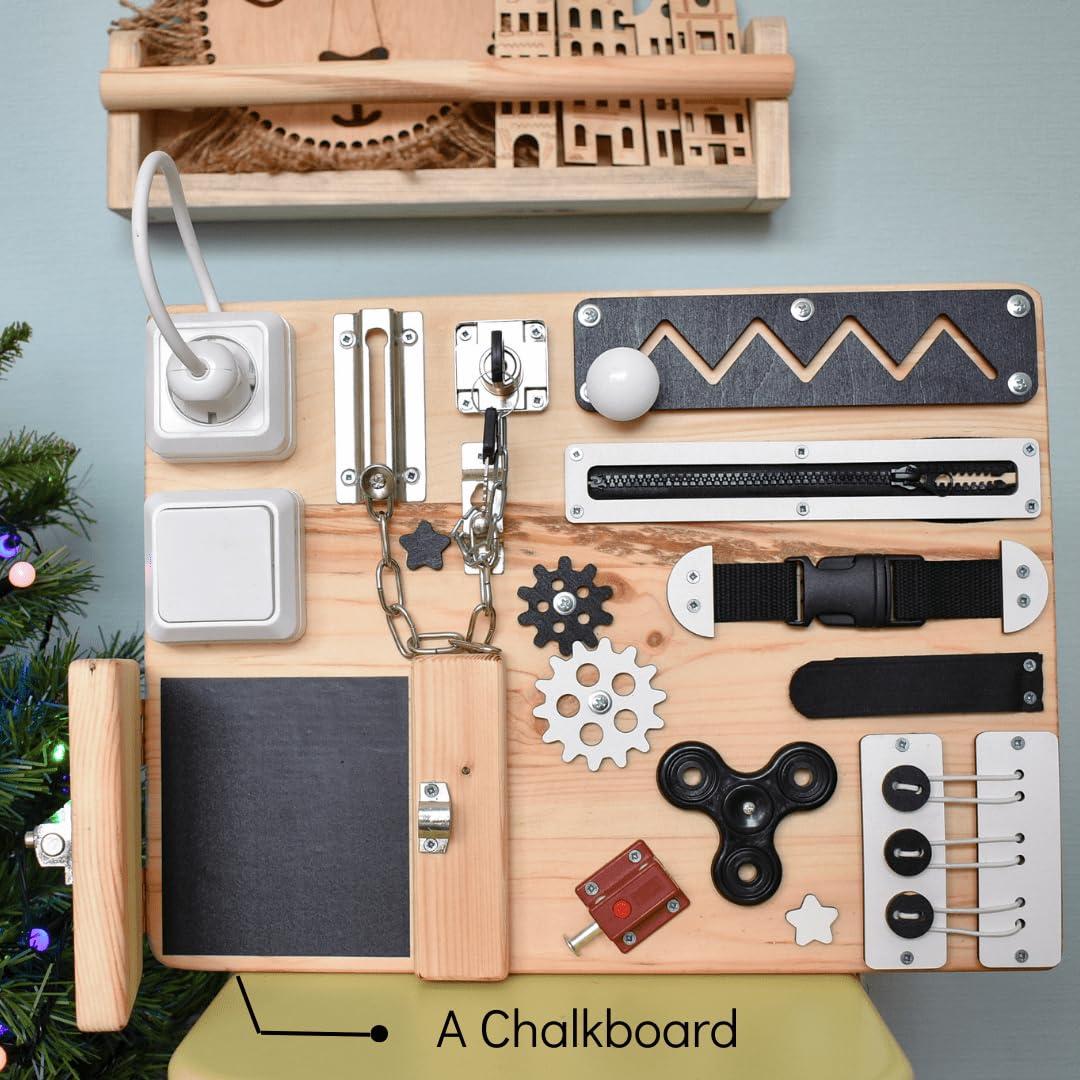 Dementia Fidget Board for Adults – Small Alzheimer’s Sensory Therapy Panel for Elderly with Memory Loss, Handmade Busy Board for Seniors with Cognitive Decline, Occupational Tool for Daily Care (With a wooden stand)