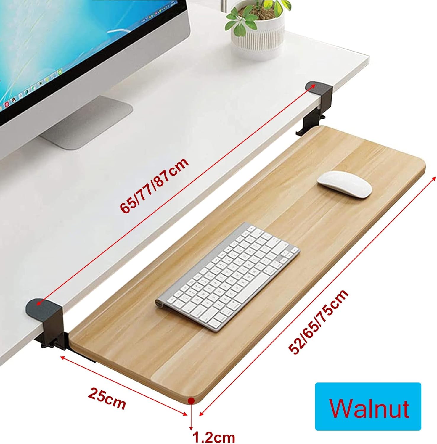 Arm Rest Keyboard Support Bracket, for Home Office Computer Desk Extender, Keyboard Tray Under Desk Sliding Keyboard Shelf, with Clamp, Easy to Set Up, Protect Eyes,Walnut-75cm x 25cm