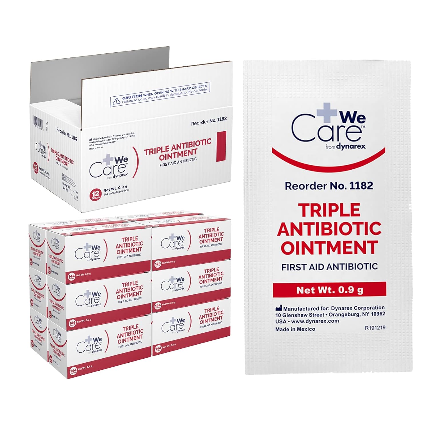 Dynarex Triple Antibiotic Ointment, Used for Minor Wounds Such as Cuts, Scrapes and Burns, Single-Use First Aid Ointment 0.9g Foil Packets, 1 Case - 12 Boxes of 144 Packets