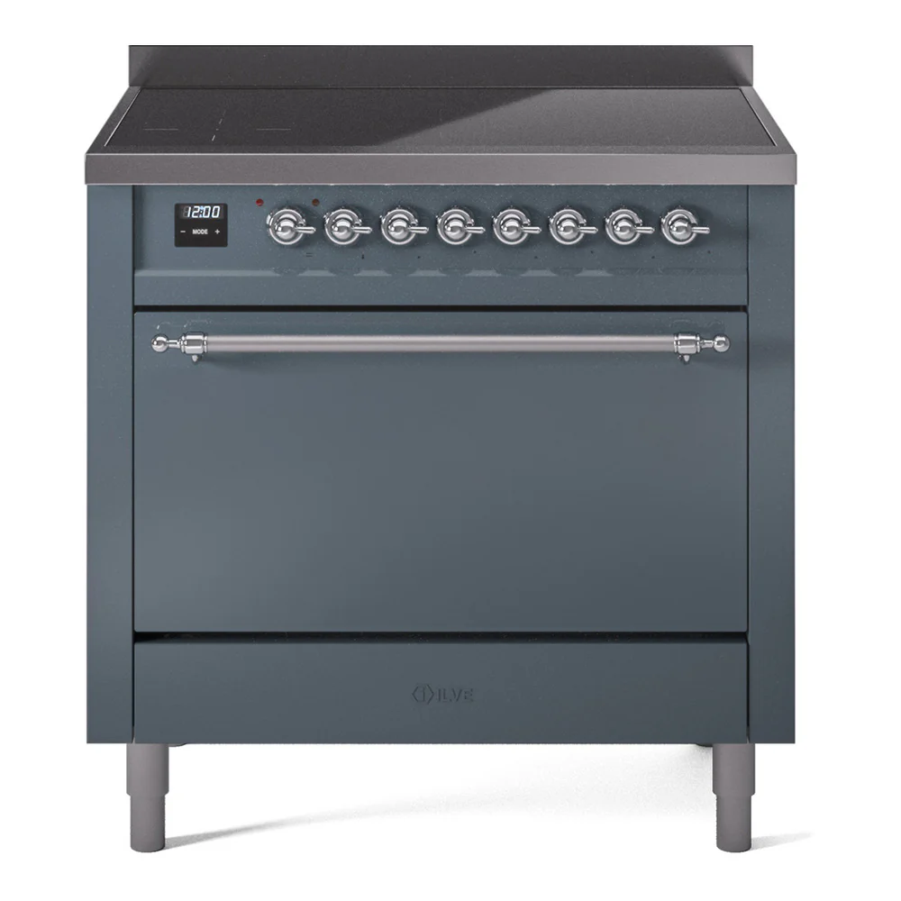 ILVE 36-Inch Nostalgie II Induction Range with Solid Door Oven in Blue Grey with Chrome Trim (UPI366QNMPBGC)